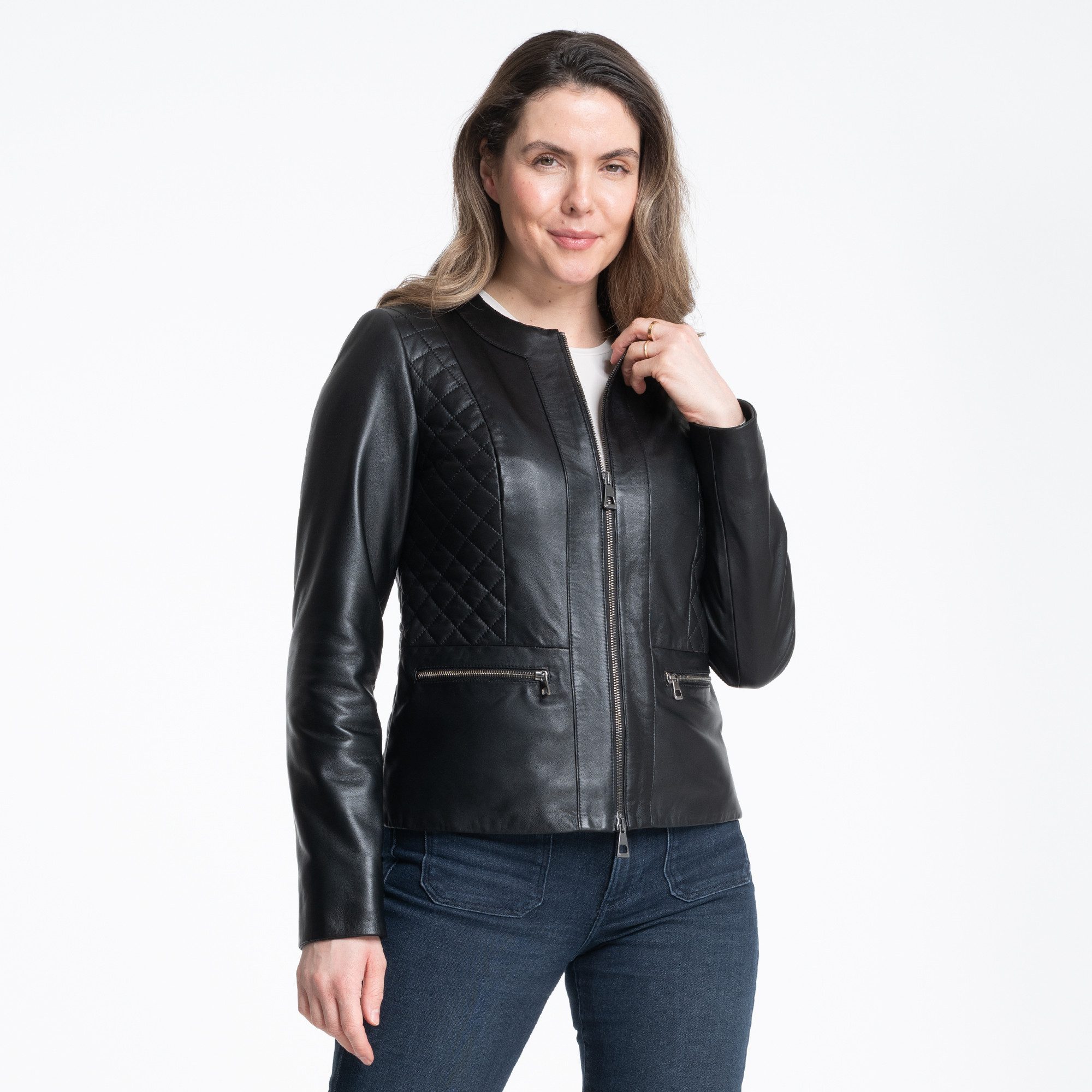 Mouflon Lederjacke Mila Aus feinem Echtleder 2-Wege-Zipper Rautenmuster runder Ausschnitt