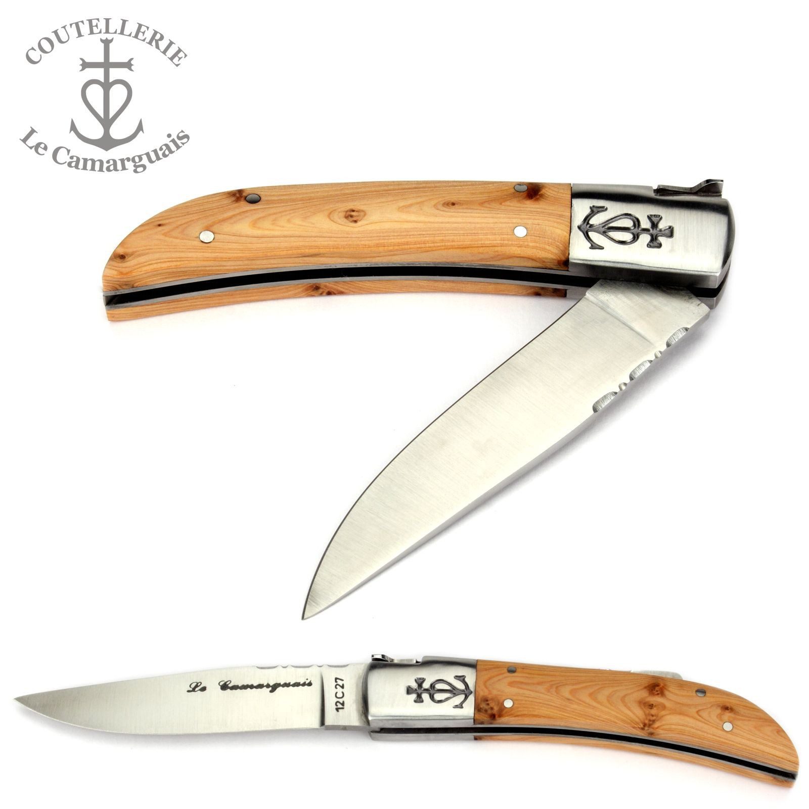 Le Camarguais Taschenmesser 20090, Griff 12cm Wacholder - Feder, Klingenrücken verziert - Stahl matt