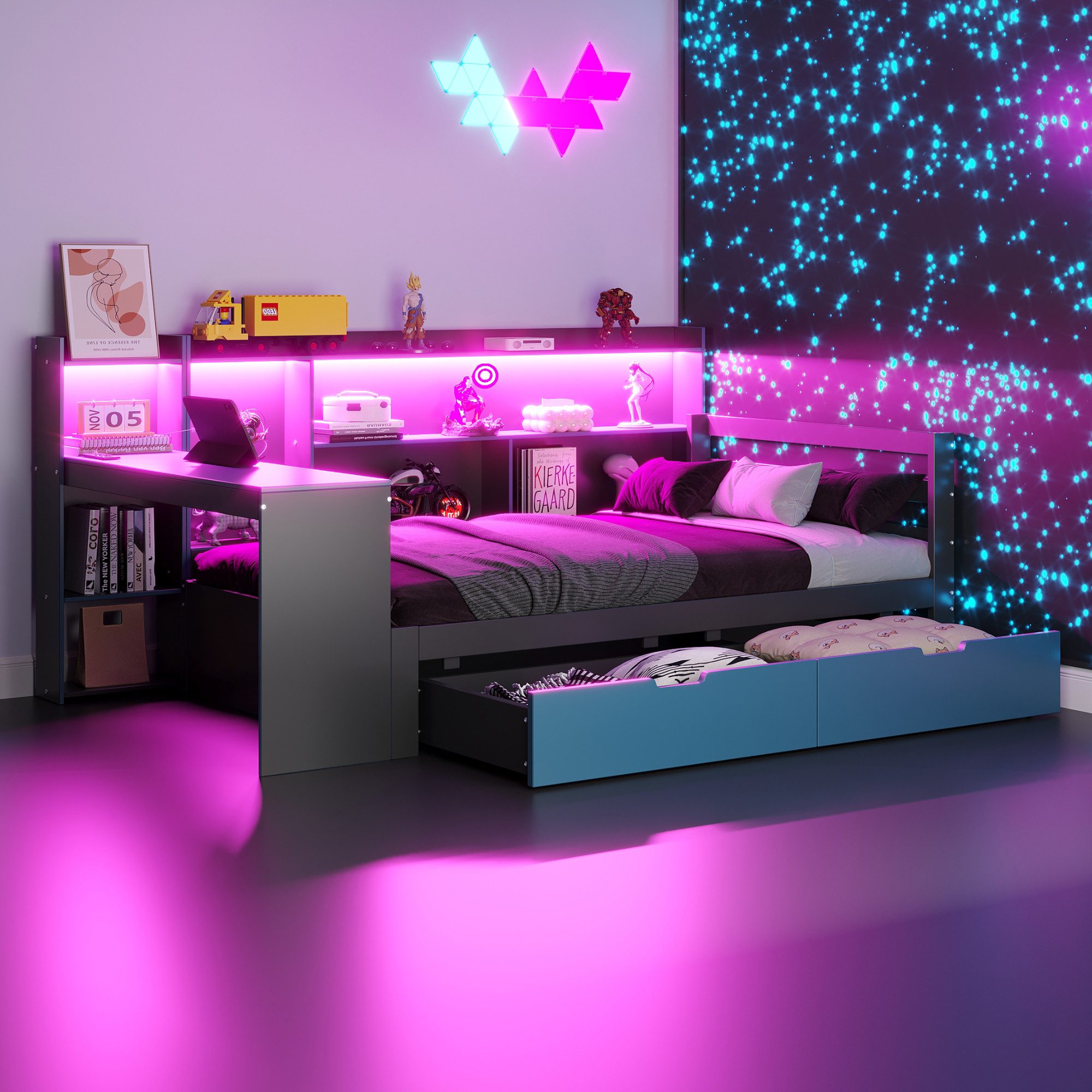REDOM Schlafsofa Kinderbett Funktionsbett, mit Schreibtisch, LED-Beleuchtung und Stauraum 90x200 cm, ohne Matratze