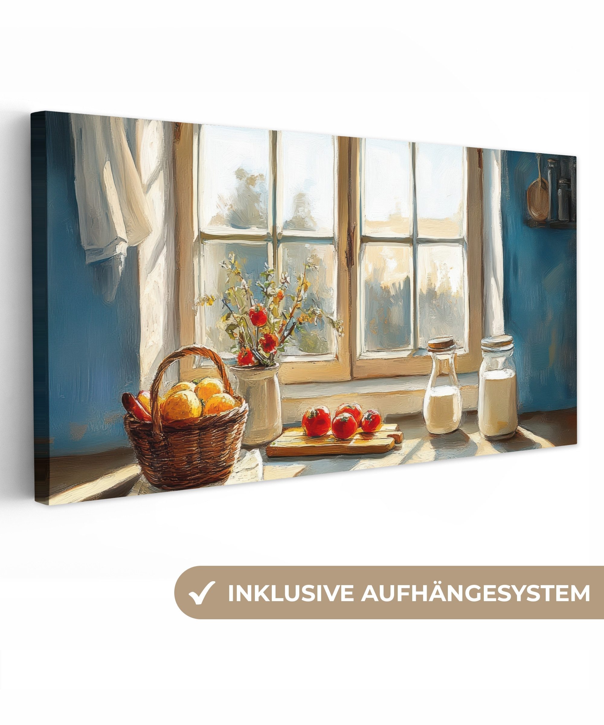 OneMillionCanvasses® Leinwandbild Panorama Stillleben - Küche - Fensterblick - Fenster - Vintage, Fotodruck (1 St), Leinwand Bilder für Wohnzimmer Schlafzimmer 60x30 cm