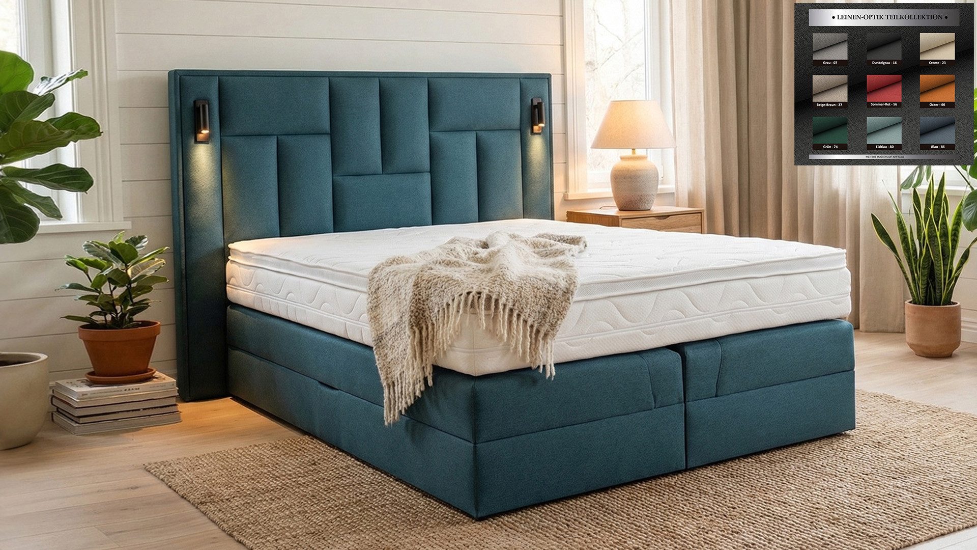 PAARA Boxspringbett mit LED Beleuchtung und Stauraum inkl. Matratze und Topper, mit innovativem Belüftungssystem