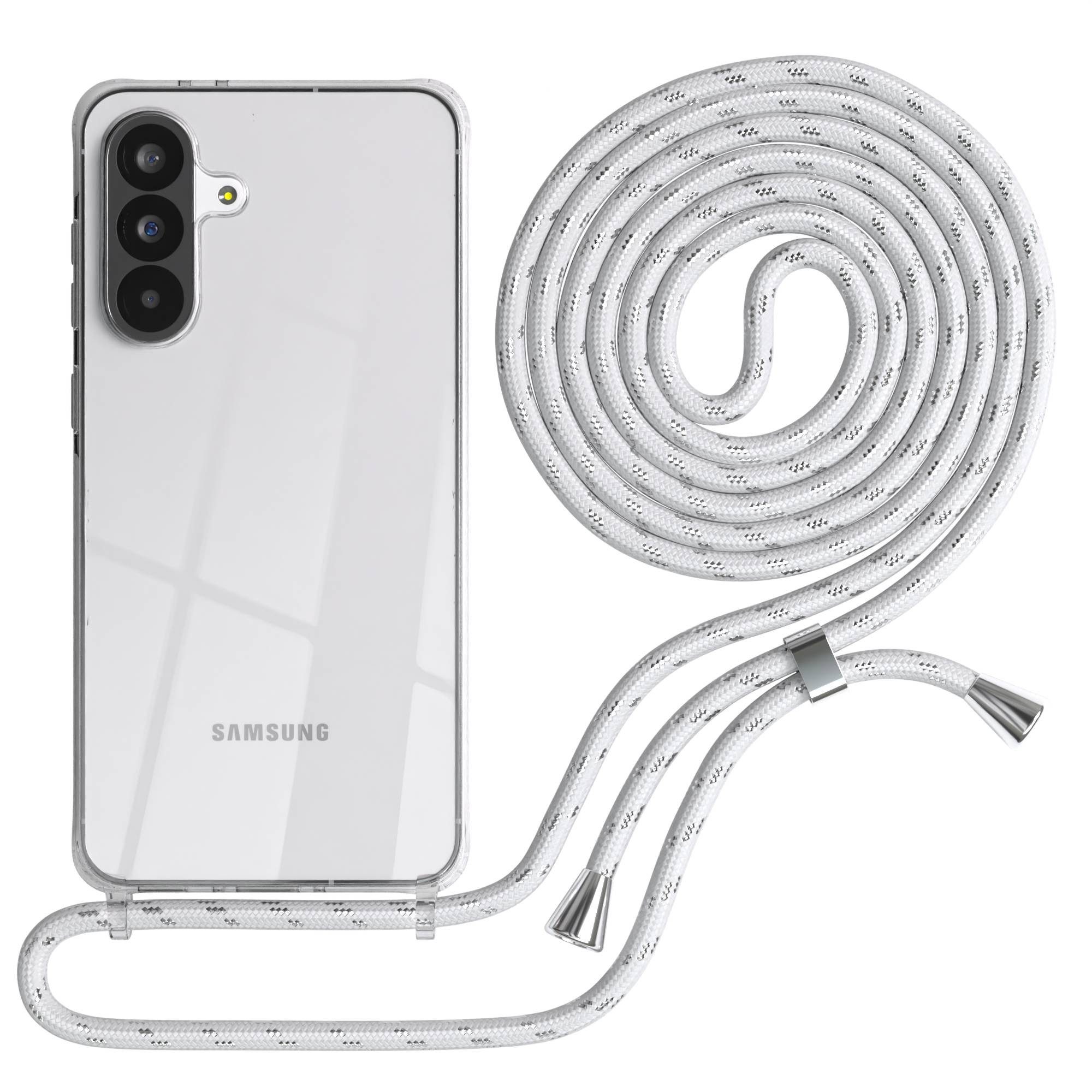 EAZY CASE Handykette Hülle mit Kette für Samsung Galaxy A56 6,7 Zoll, Hülle Smartphonekette für Unterwegs Festivalhülle Transparent Weiß