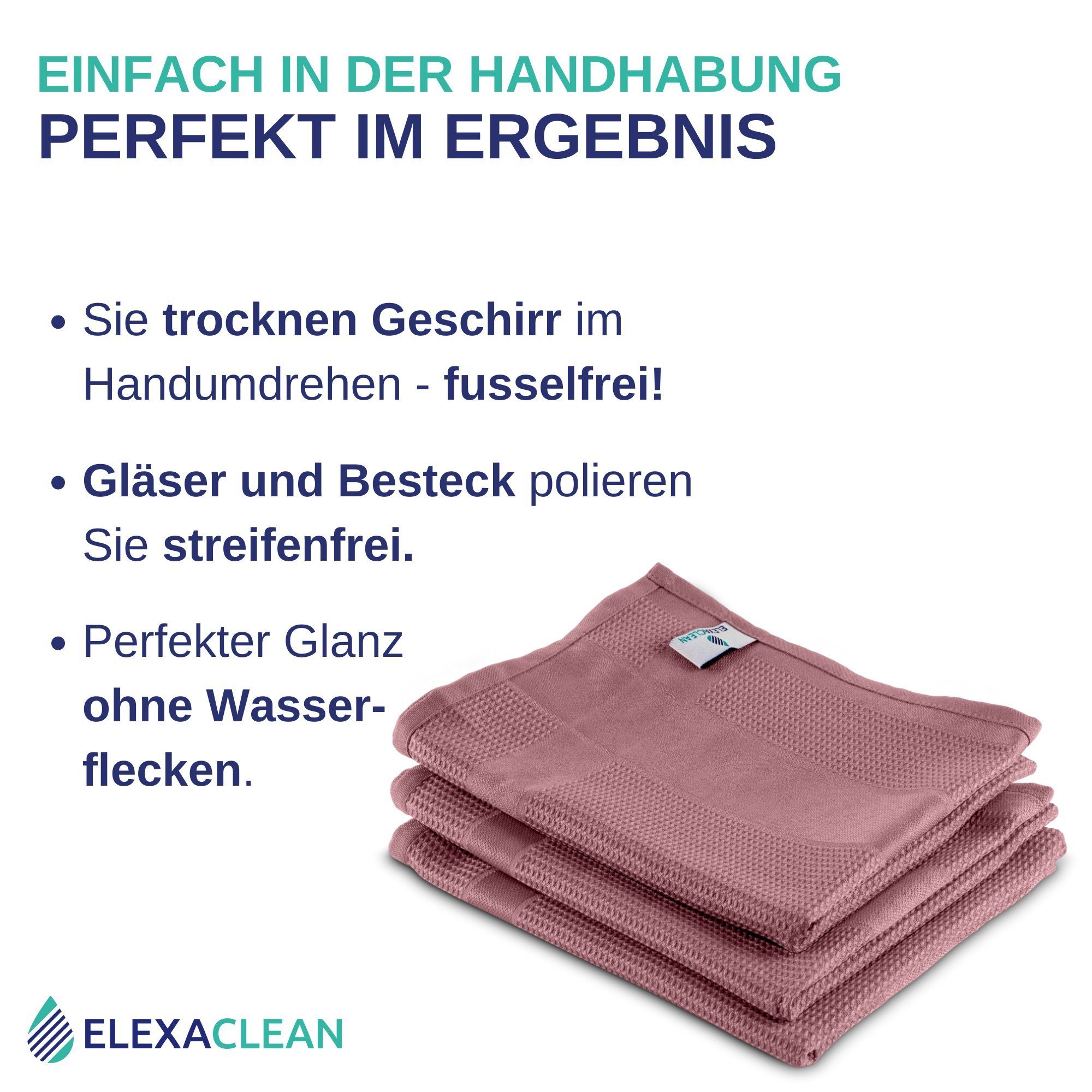 Mikrofaser ELEXACLEAN cm), ultrafein, Rosé Geschirrtuch saugstark, Küchentücher 68x42 (Set, 3-tlg., Poliertücher, fusselfrei