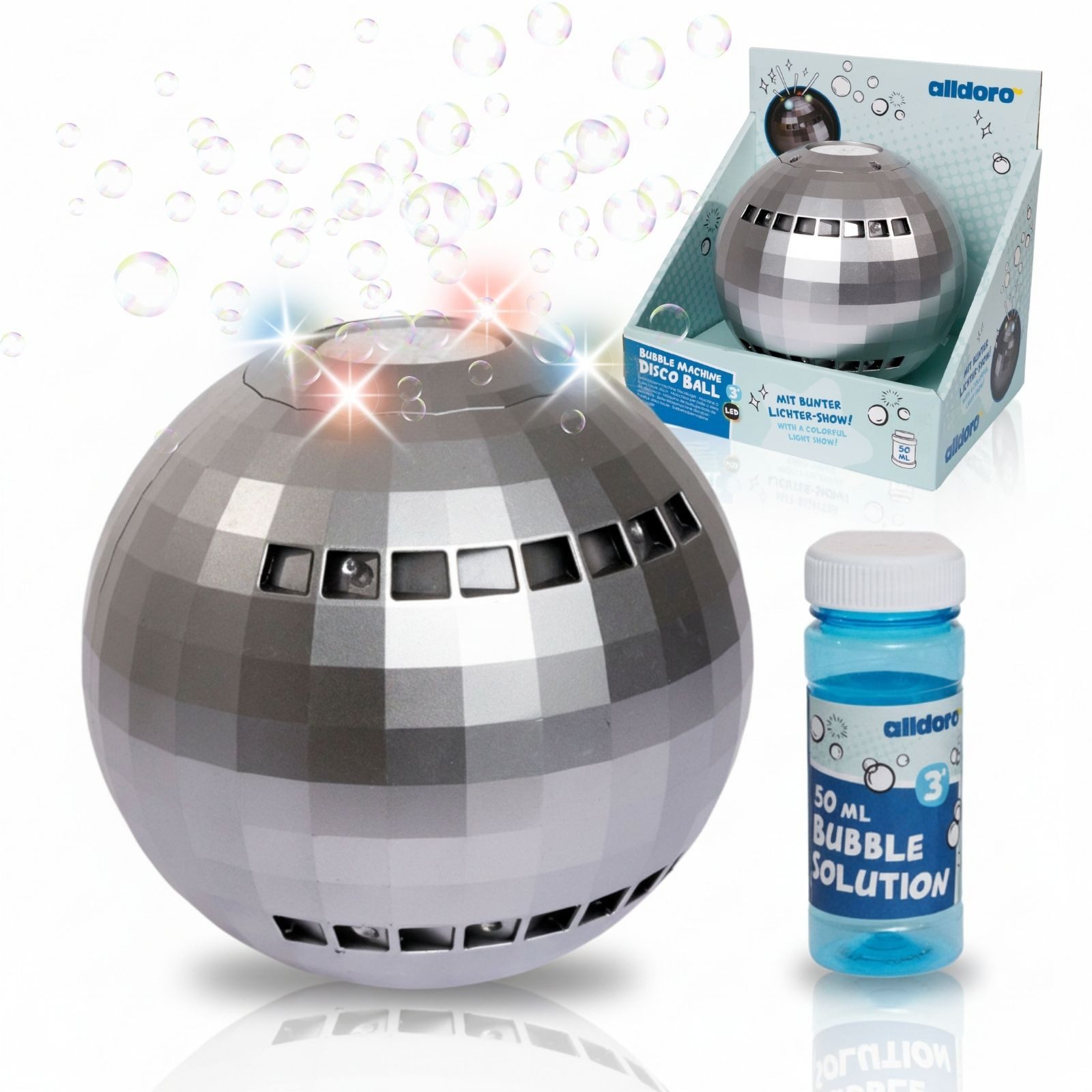 alldoro Seifenblasenmaschine Automatische Seifenblasenmaschine Diskokugel mit LED-Leuchteffekt, Bubble Maschine mit auslaufsicherem Tank für Kindergeburtstag & Party