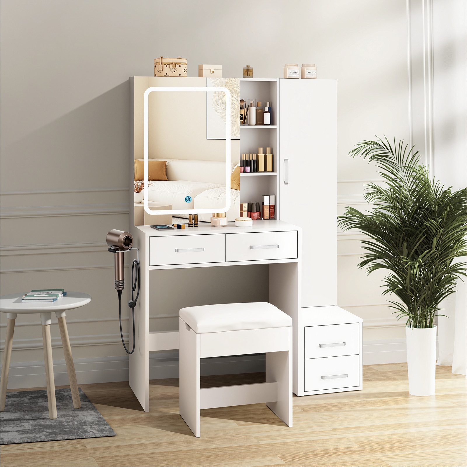 BBWL Schminktisch mit LED-Spiegel, 4 Schubladen & 1 Tür (MDF-Platten, USB-Anschluss), dimmbares Licht, platzsparend & pflegeleicht, mit Hocker