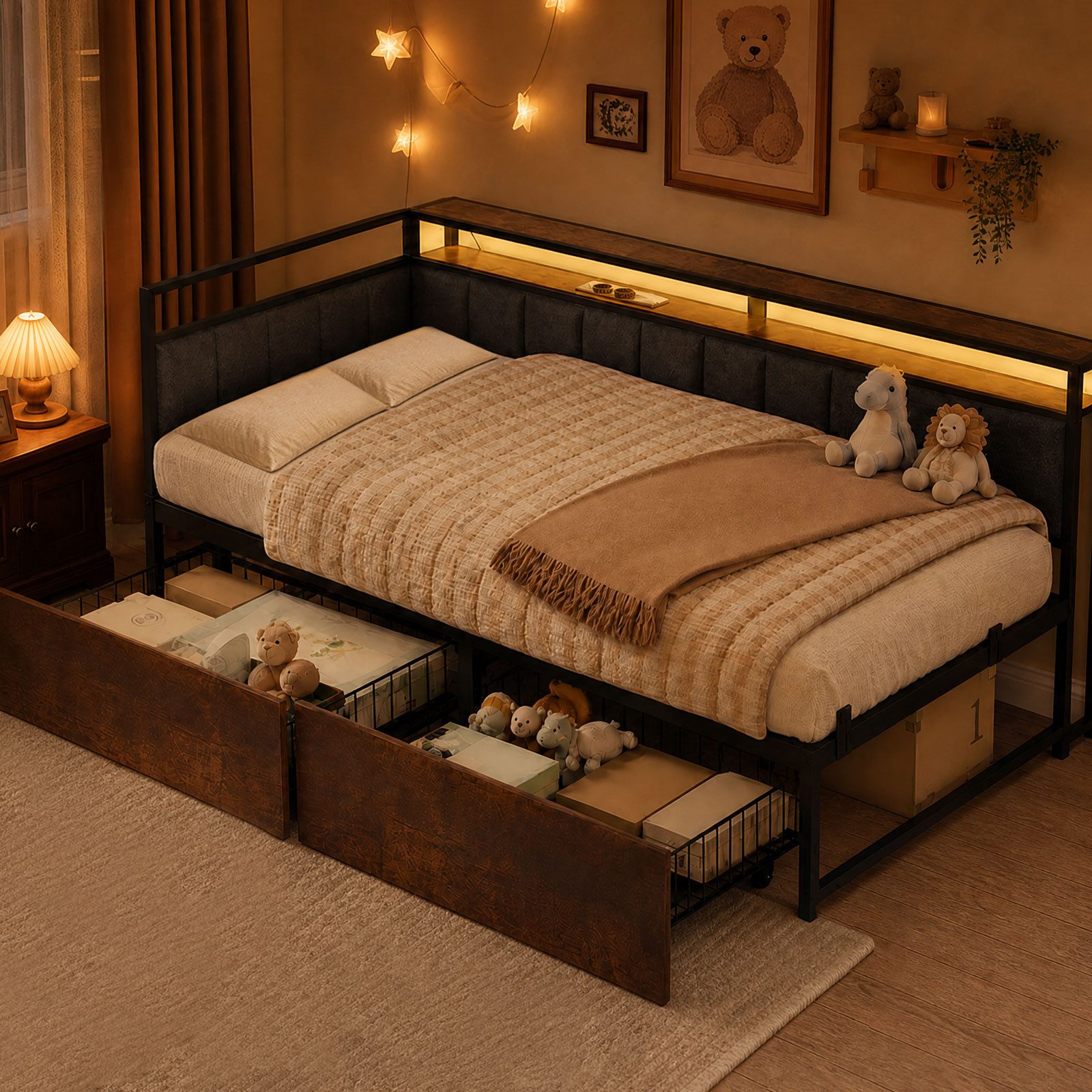 HomeGuru Polsterbett Jugendbett, Polsterbett mit LED, Steckdosen und 2 Schubladen