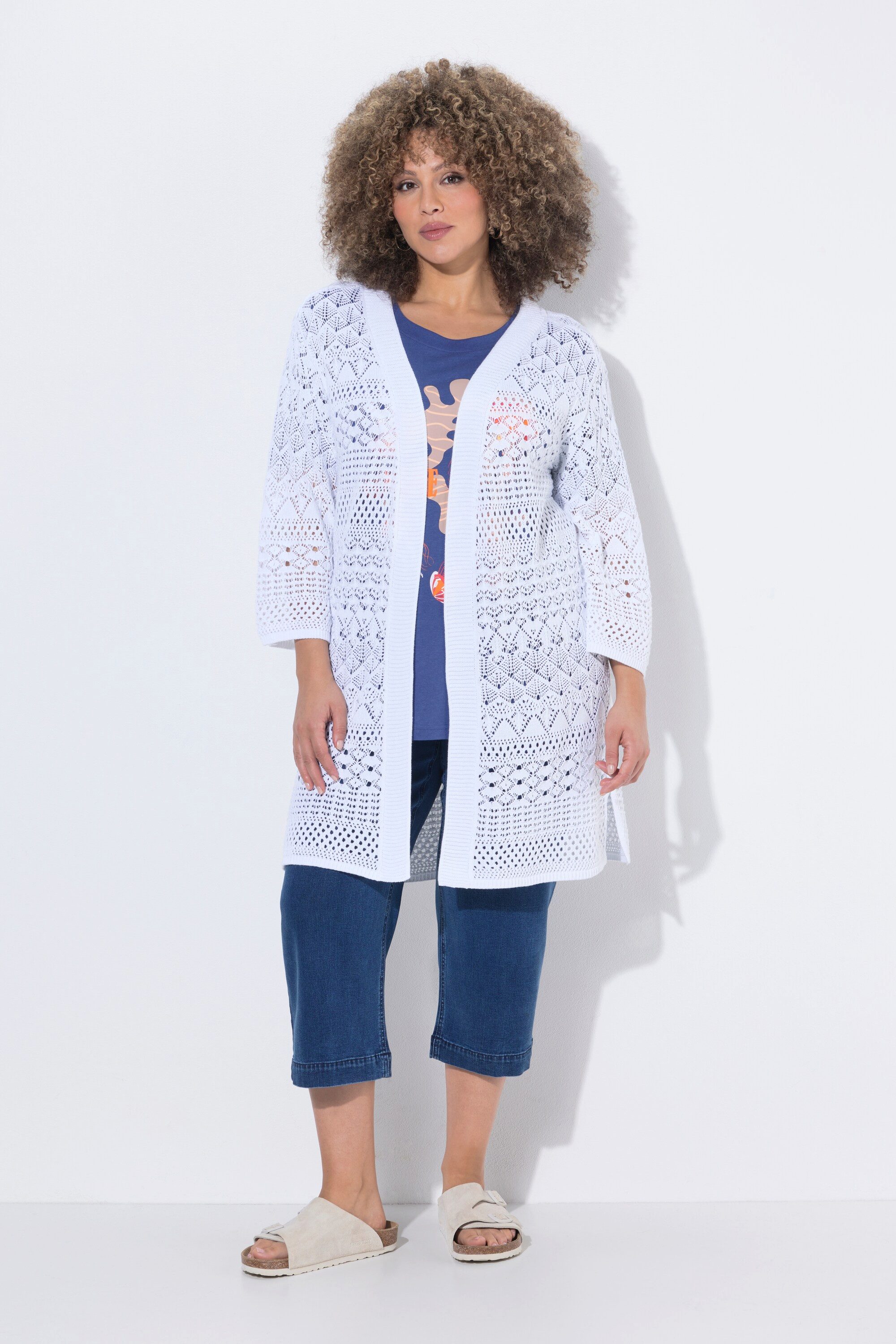 Ulla Popken Strickjacke Long-Strickjacke Ajourstrick offene Form 3/4-Arm günstig online kaufen