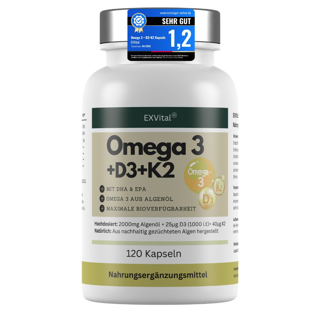 Omega 3 + D3 & K2 Kapseln aus Algenöl, hochdosiert & vegan, 120 Stück Kapseln, 183 g