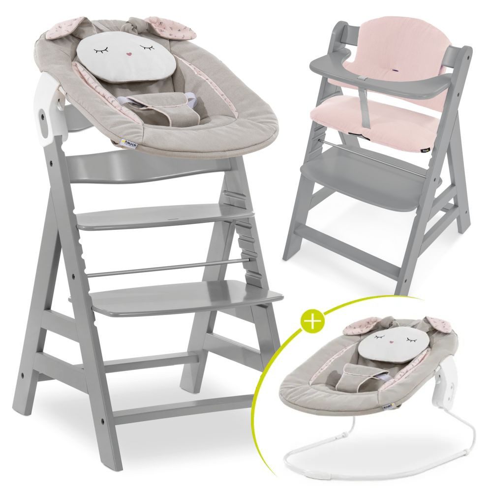 Hauck Hochstuhl Alpha Plus Grey - Newborn Set Powder Bunny, Holz Babystuhl ab Geburt inkl. Aufsatz für Neugeborene & Sitzauflage