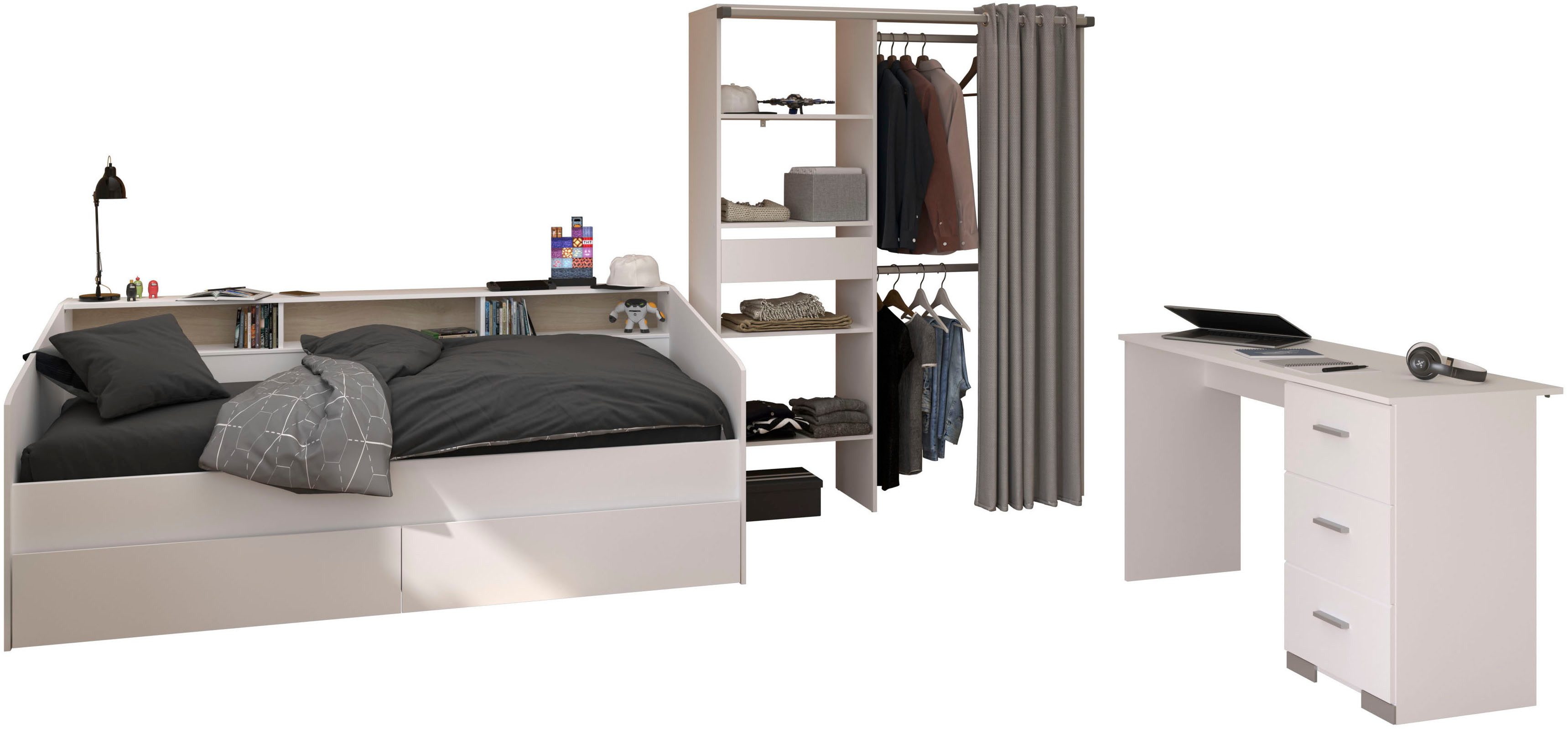 Parisot Jugendzimmer-Set Parisot Sleep 12, (Set, 3-tlg), Rückwand am Stauraumett drehbar - Weiß oder Eiche
