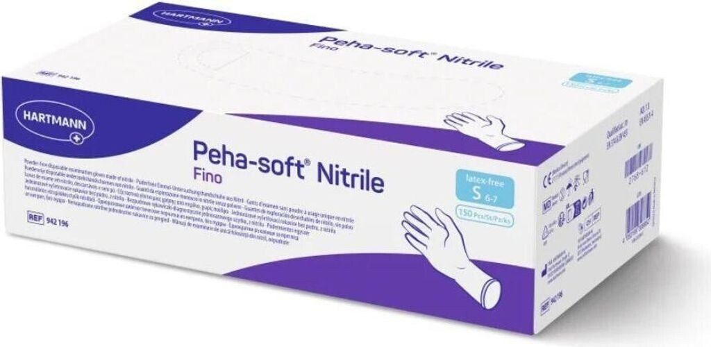 PAUL HARTMANN AG Nitril-Handschuhe Peha-soft nitrile fino U.-Handschuhe PF, Gr. XS/S/M/L/XL (Einweghandschuhe, 150-St., Hohe Reißfestigkeit und Belastbarkeit) Latexfrei und Puderfrei– auch für Allergiker geeignet