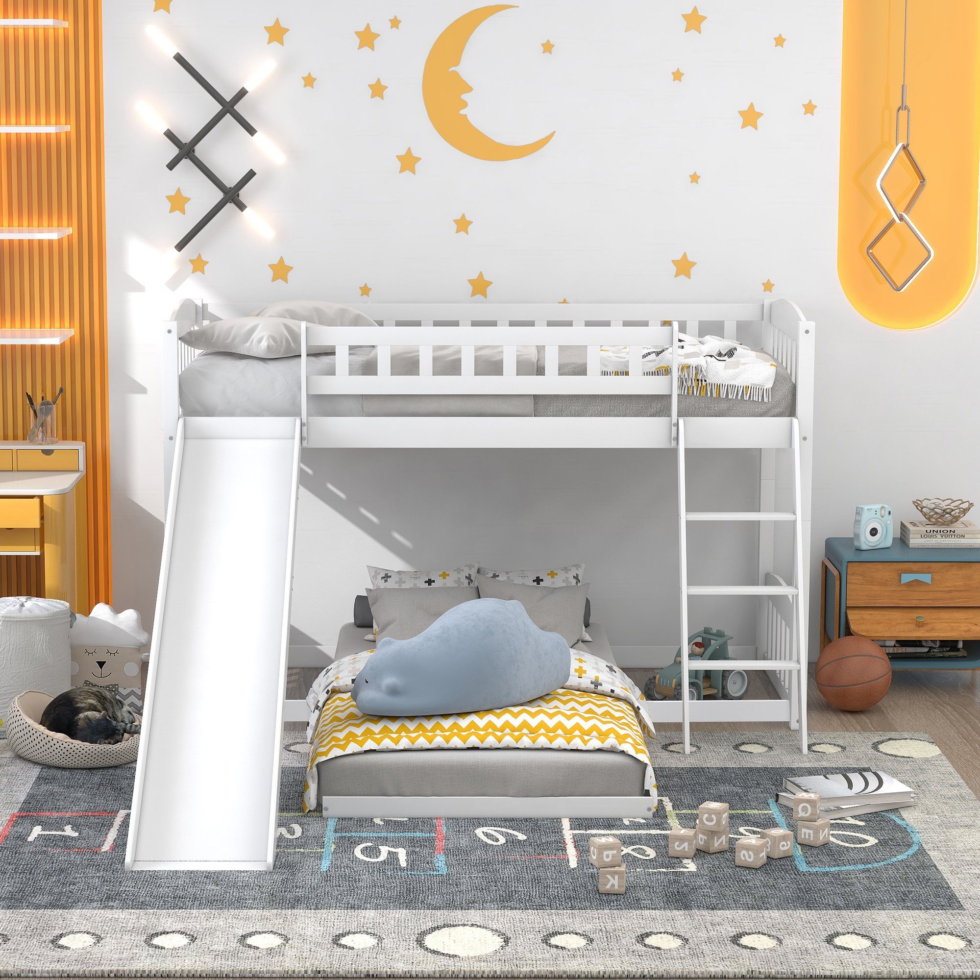 OKWISH Etagenbett Kinderbett, Bett mit Rutsche, 90 x 200 cm (mit Rutsche, Mit Lattenrost), Matratze nicht enthalten, Ohne Matratze weiß