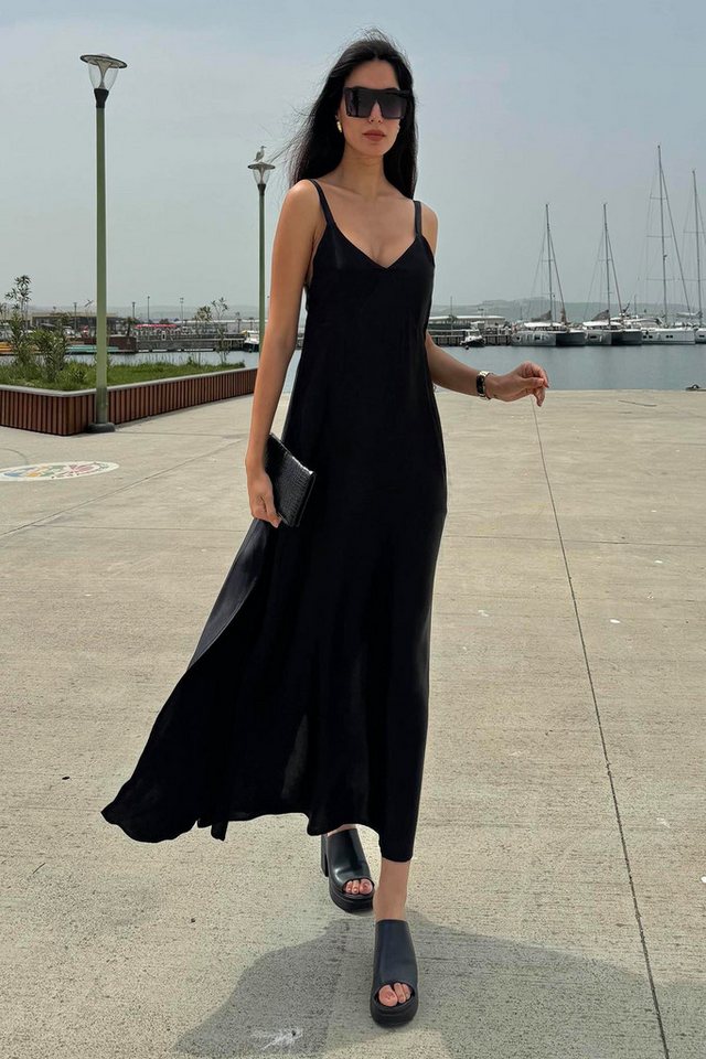For You Moda Midikleid Satin-Split-Schwarzes Kleid mit Trägern