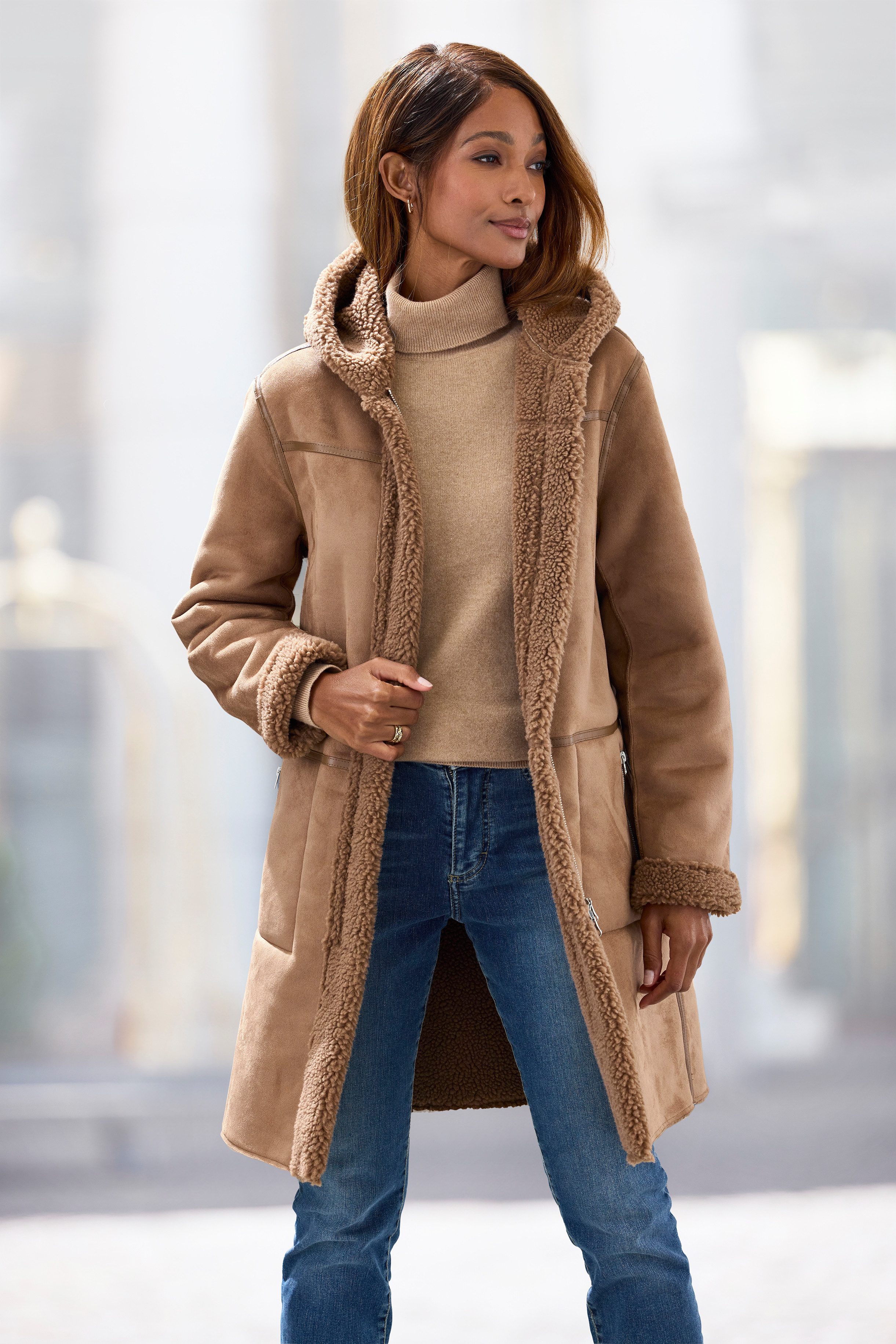 French Connection Lederimitatjacke mit Teddyfutter auf der Innenseite, Shearling Jacke, Lammfelloptik