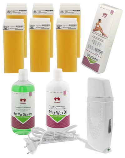 Kosmetex Körperrasierer 6x Wachs-Patronen Aloe Vera Kosmetex, Erhitzer Set, Reiniger, After Wax und 100x Vliesstreifen