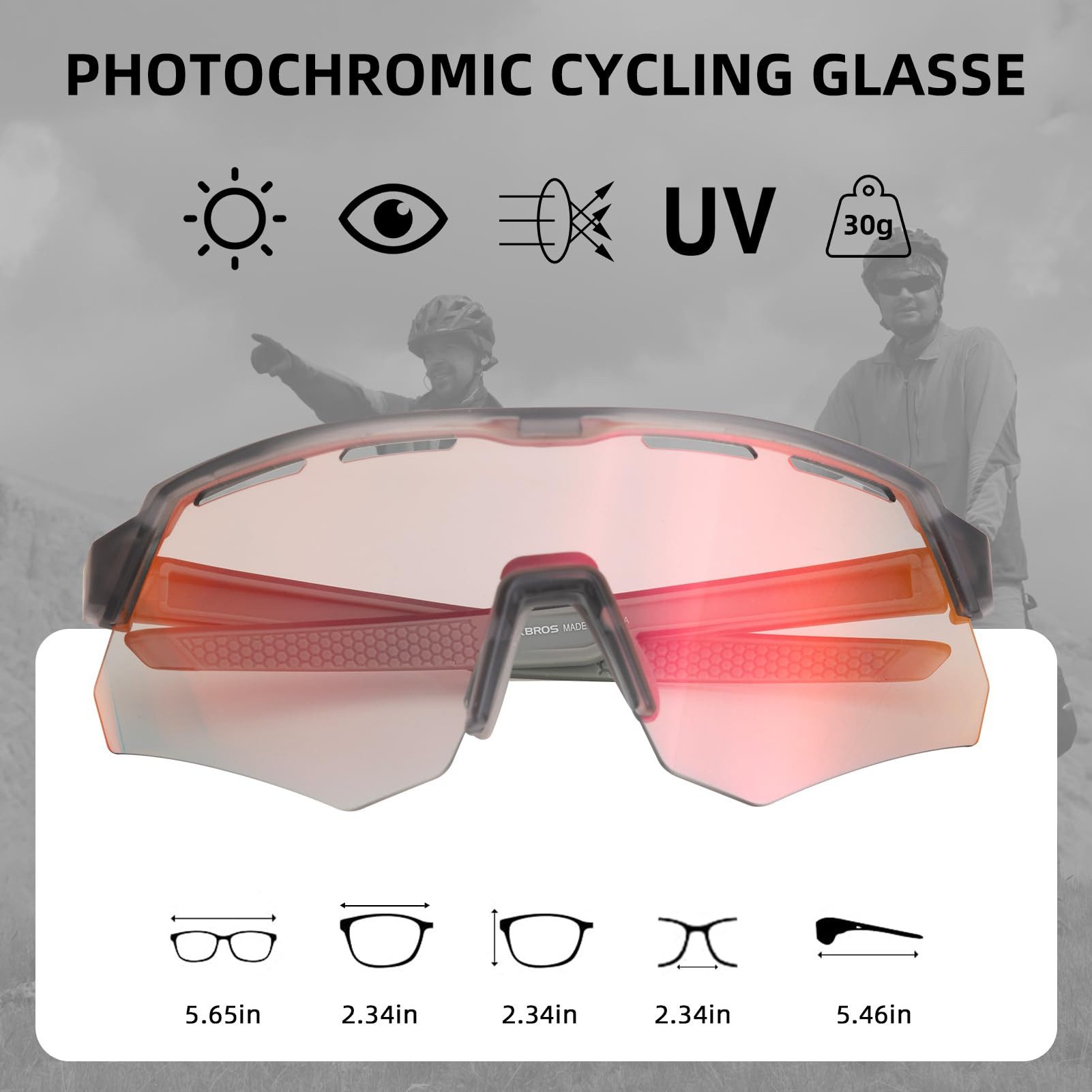 ROCKBROS Fahrradbrille Fahrradbrille Photochromatisch, (Dutdoor-Laufen Sport Rennrad Winddichte Brille, für Kurzsichtige Unisex), Photochrome Linsentechnologie