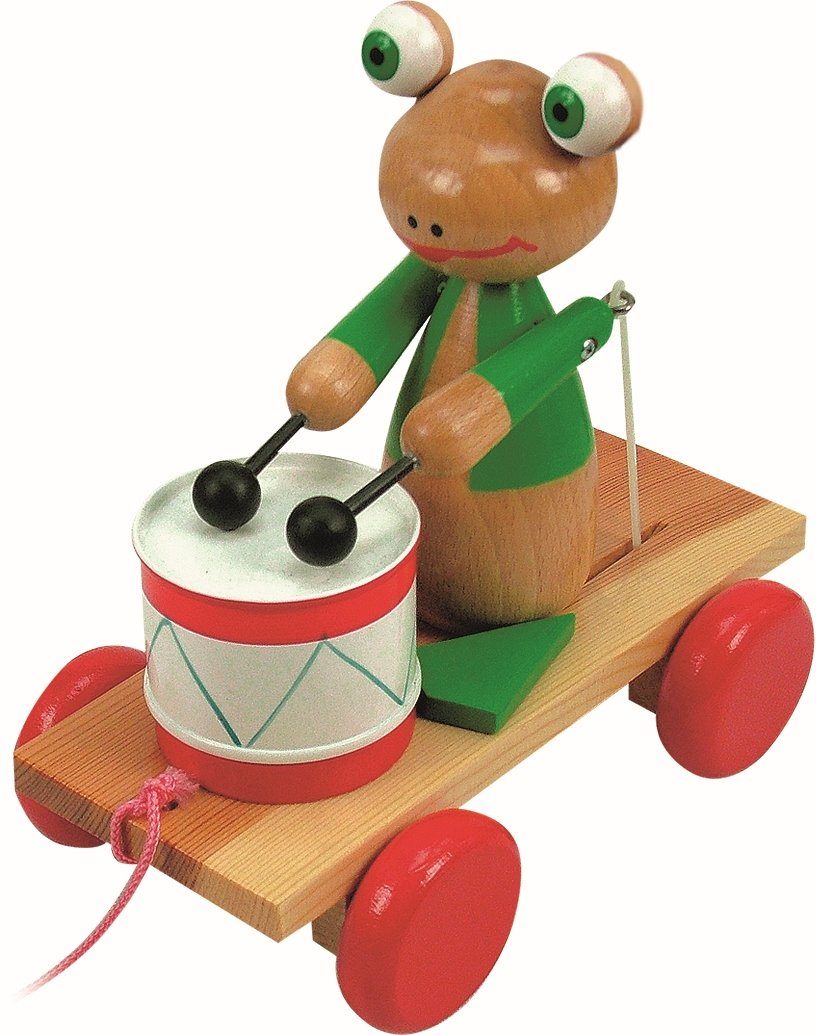 Woodyland Nachziehtier 90196 Holz Nachziehtier Frosch mit Trommel / Pull Along Toy.