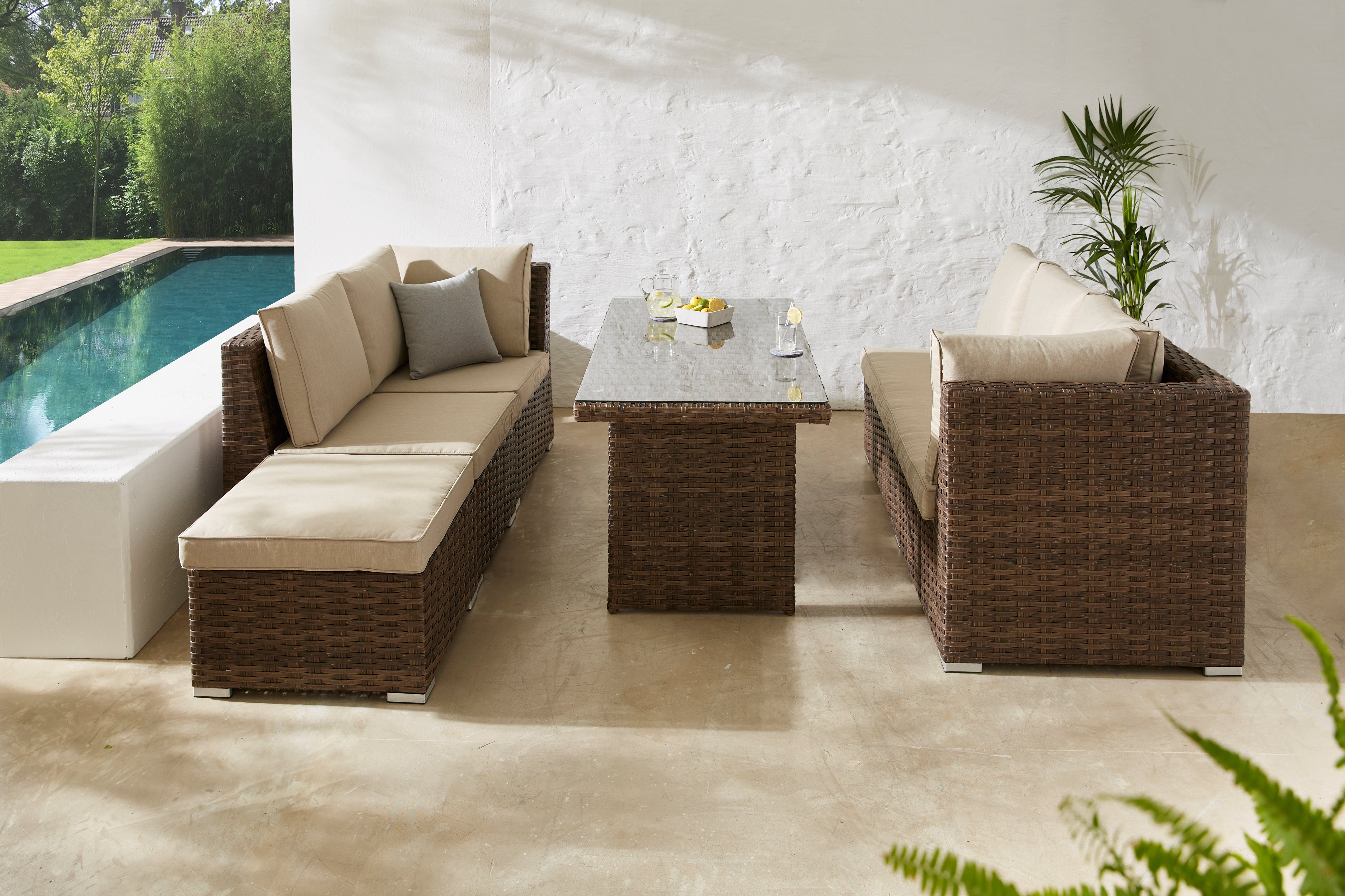 KONIFERA Gartenlounge-Set (Set, Polyrattan), 140x70x68, Angeles, 4-tlg., Hocker, Alu, Sessel,1x 1x Tisch Sofa,2x inkl. 2er Los Auflagen