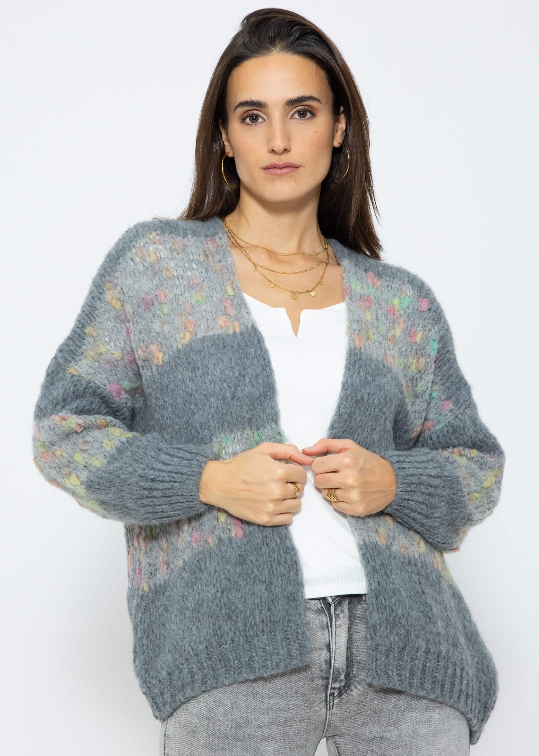 SASSYCLASSY Cardigan Oversize Cardigan mit multicolor Blockstreifen in Grau - Made in Italy