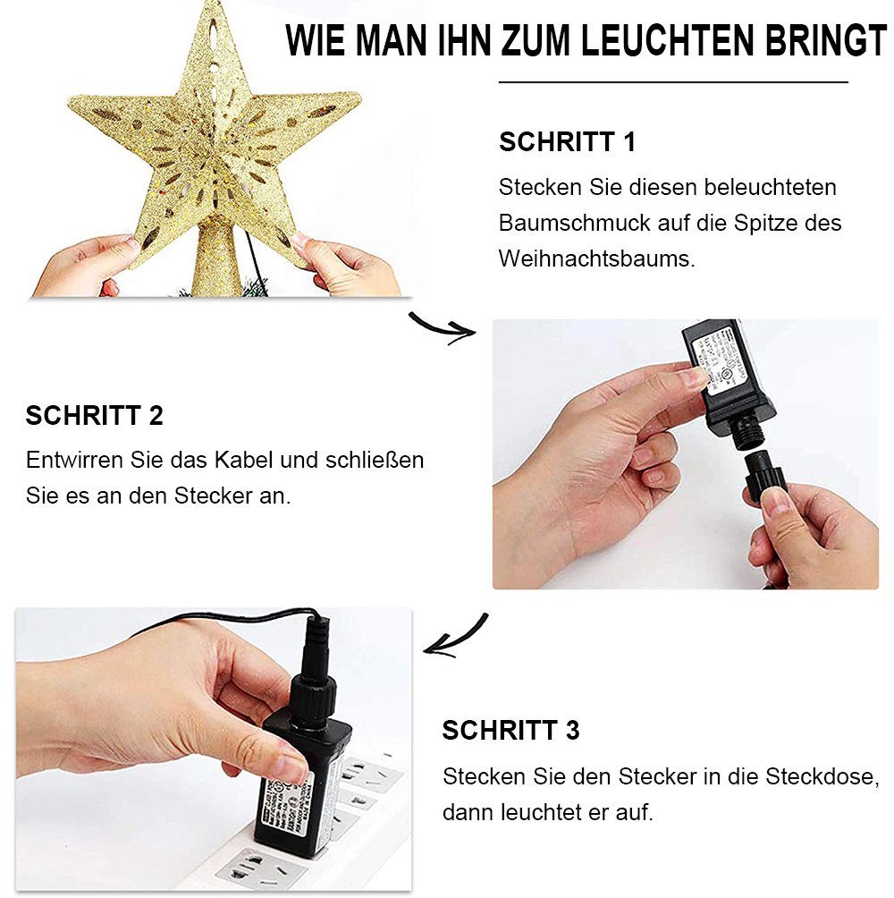 Christbaumschmuck Nachtlicht LED Projektion,Schneeflocke Weihnachtsbaumspitze Lichteffekte, Gold Rosnek 3D LED Stern