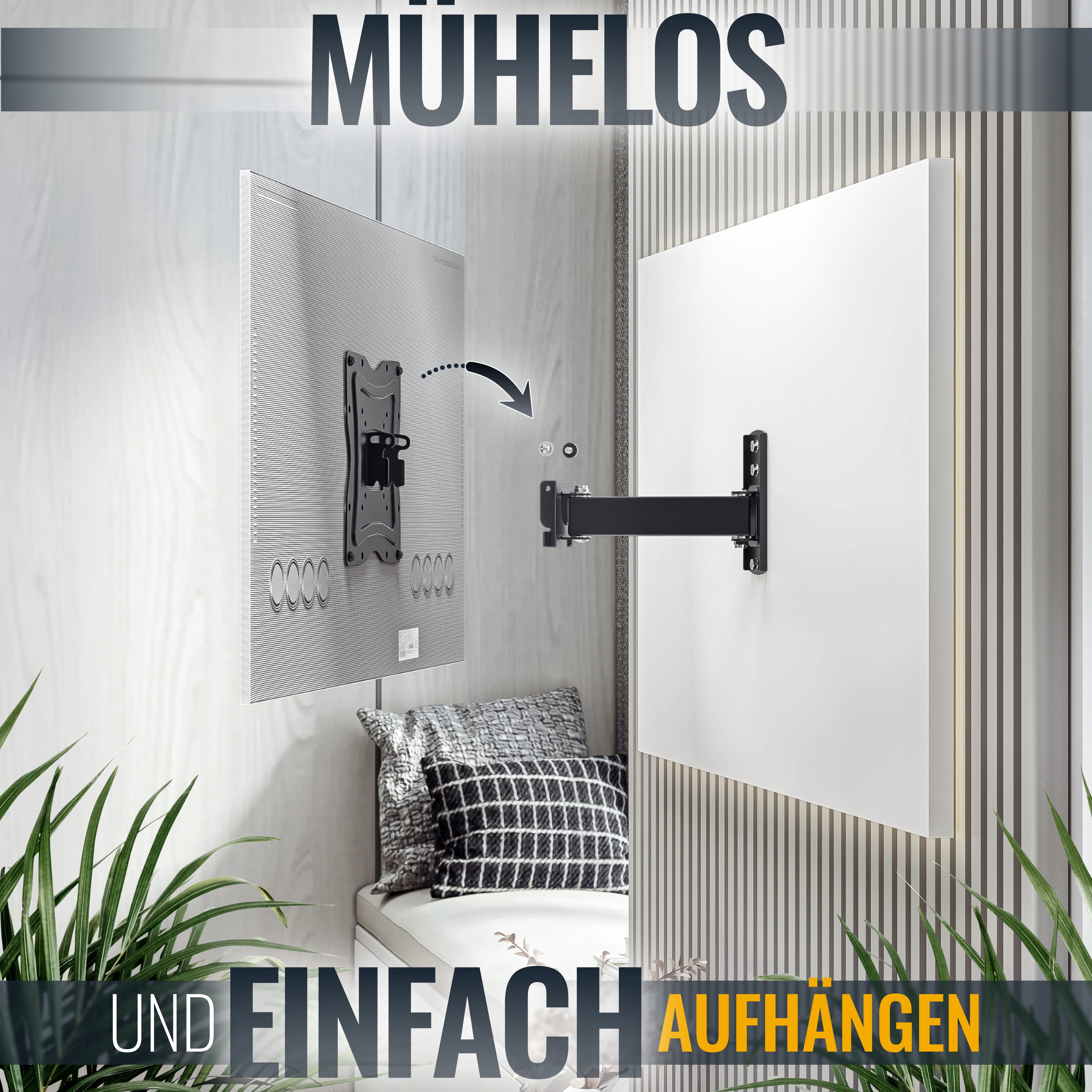 RICOO TV-Wandhalterung TV Monitor Wandhalterung Fernseher schwenkbar 30-55" S1222, (bis 55 Zoll, VESA bis 200x200, 1-tlg., 30kg Aufnahme von 76-140cm Diagonale (30"-55), bis -5° / +15° neigbar, bis 180°schwenkbar, ausziehbar Wand Halterung)