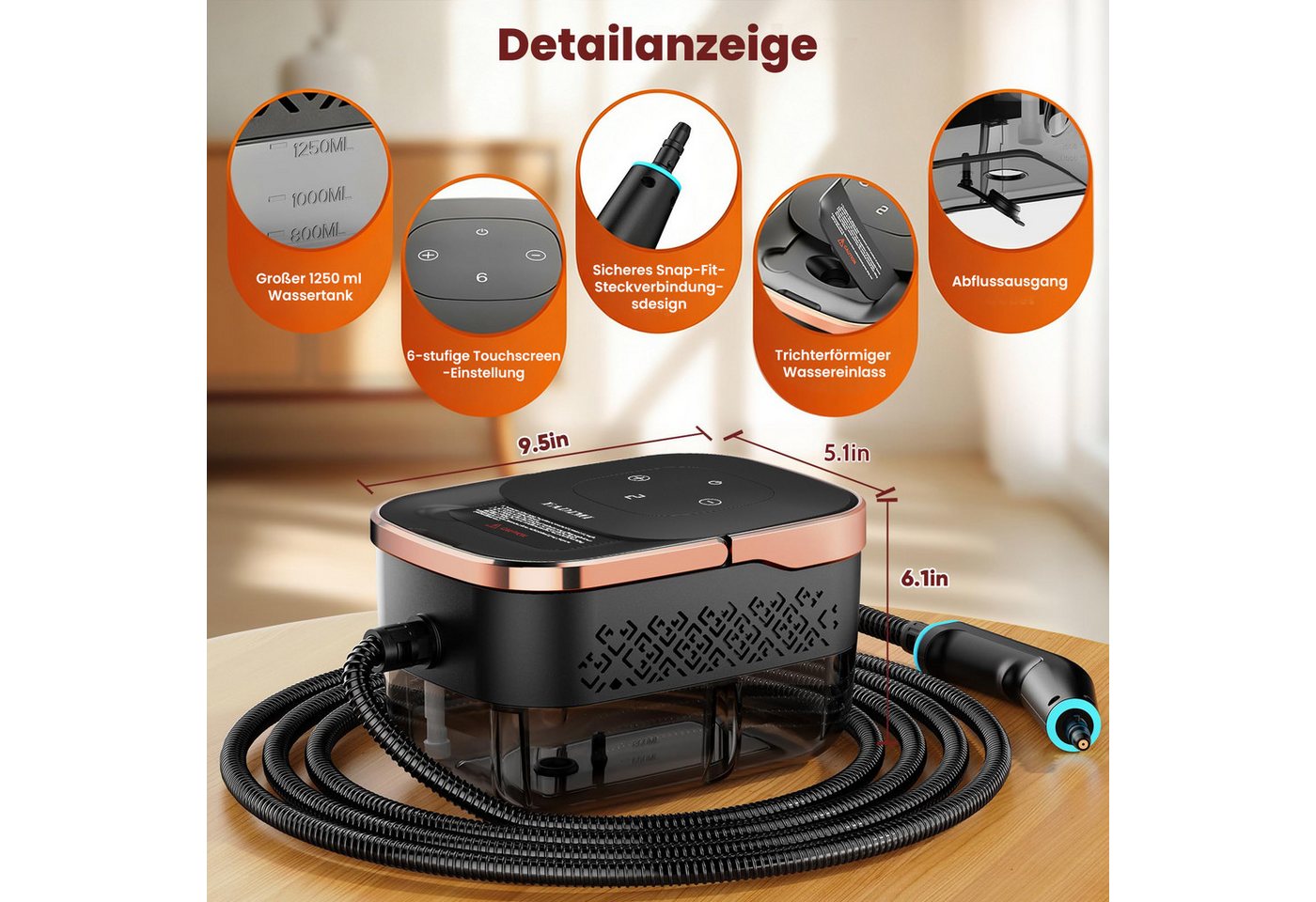 YADIMI Handdampfreiniger 1500W Tragbarer Dampfreiniger mit 1250 ml Wassertank, 1500 W, 6 stufige Leistungsregelung und 10 teiliges Zubehörset, Dampfreiniger für Böden, Küche, Fenster, Badezimmer und Auto