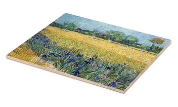 Posterlounge Holzbild Vincent van Gogh, Arles mit Irisblüten im Vordergrund, Wohnzimmer Mediterran Malerei