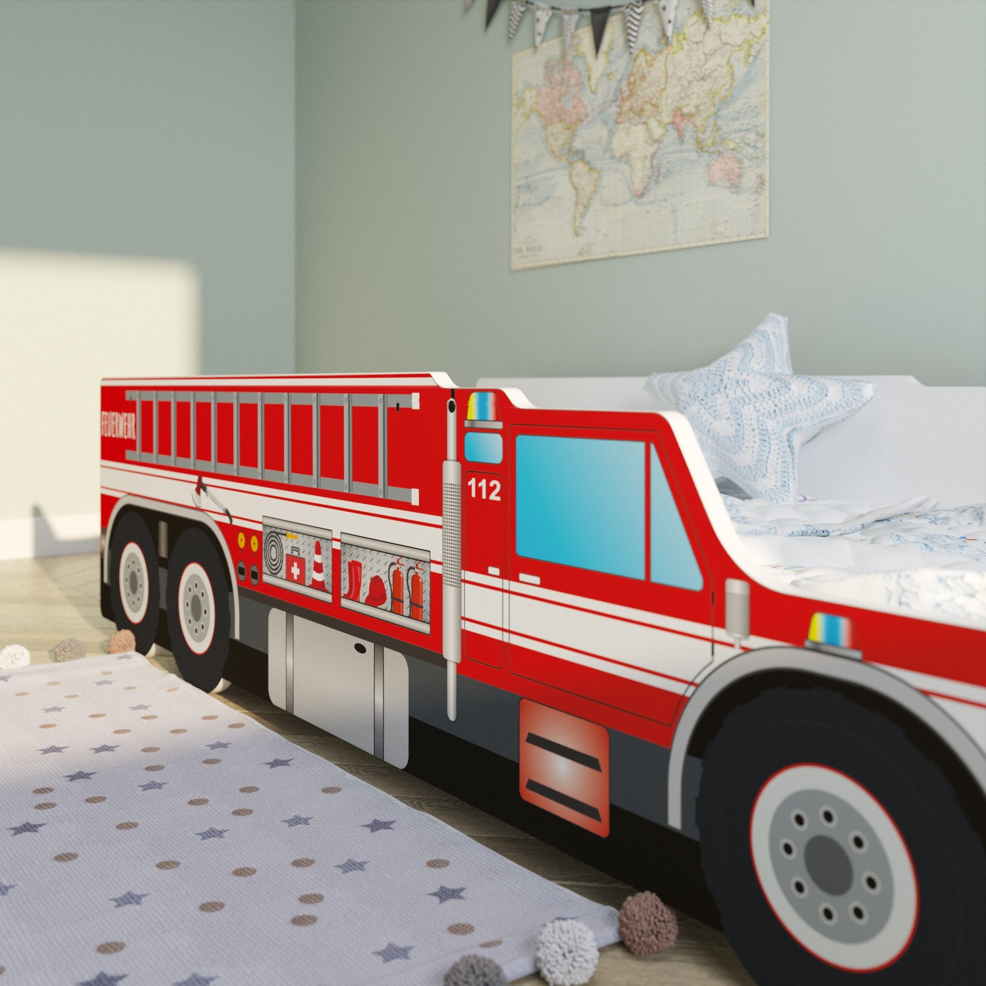 Kids Collective Autobett Kinderbett Jugendbett 70x140, 80x160 cm mit Rausfallschutz Feuerwehr, Feuerwehrauto Feuerwehrmann Kinderspielbett 80x160 cm – Bild 4 von 5