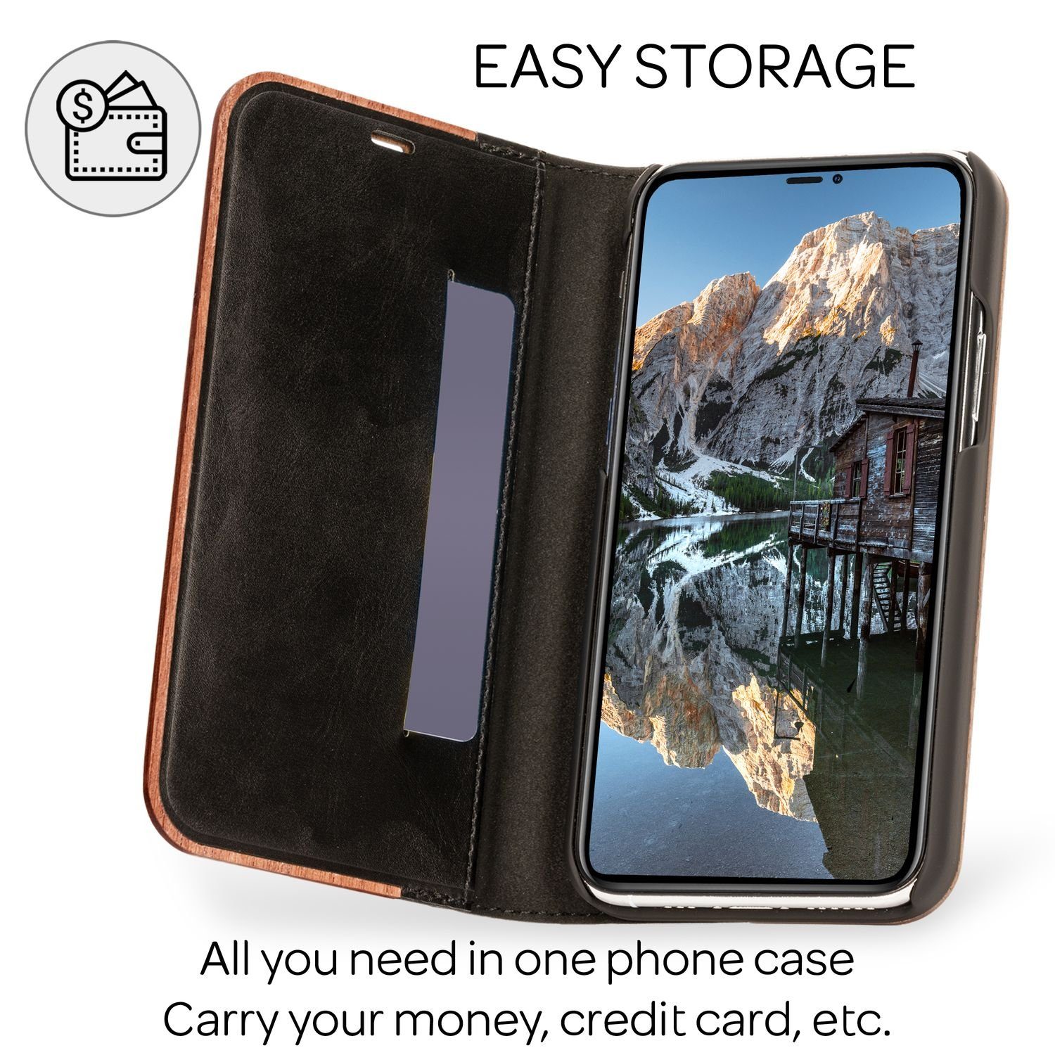 Nalia Smartphone-Hülle Apple iPhone 13 Pro Max 17 cm (6,7 Zoll), Echt Holz Klapp Hülle / Magnetverschluss / Standfunktion / Flip Case