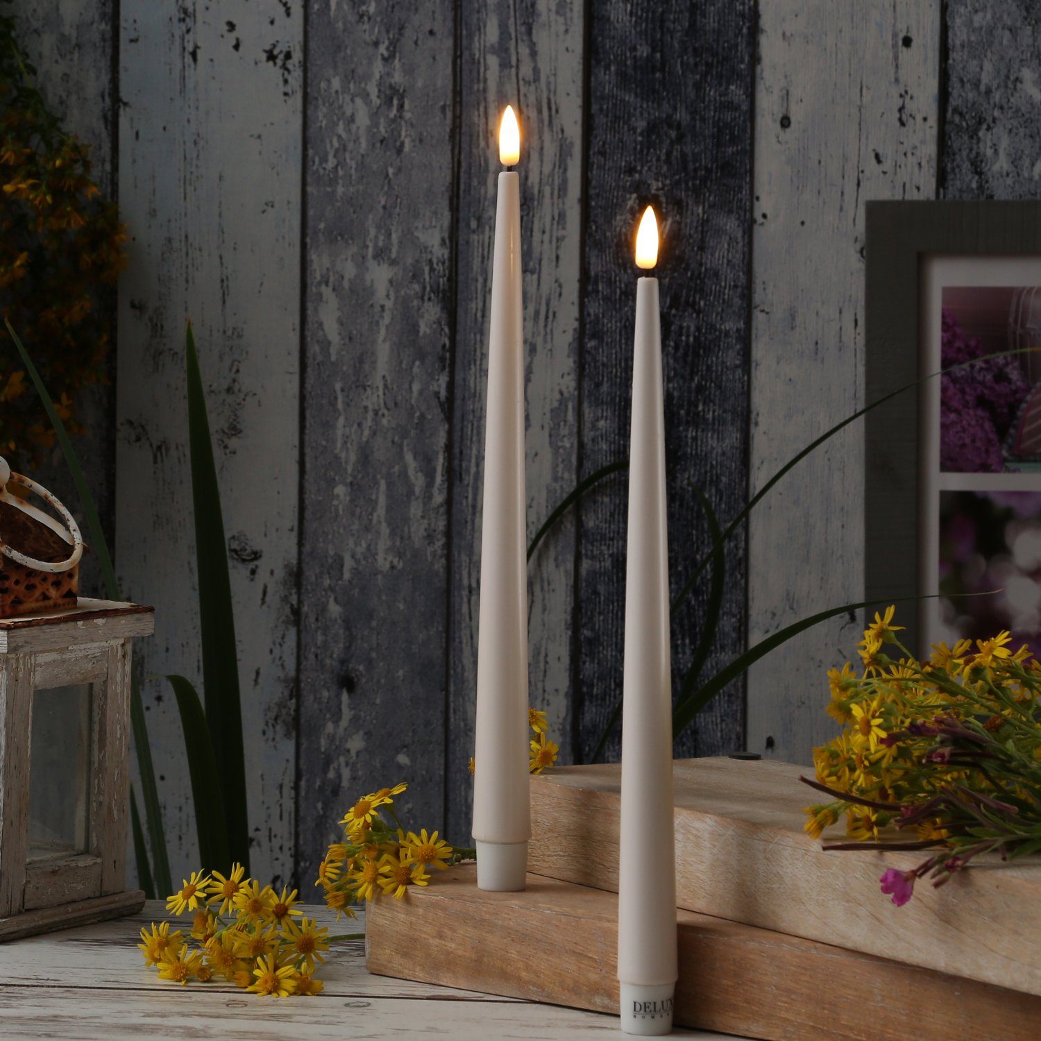 LED-Kerze LED Stabkerzen ELLA Deluxe Lack Tafelkerze flackernd H: 28cm creme 2St