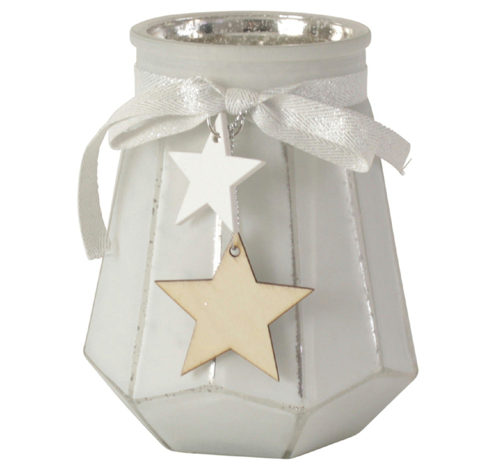 Teelichthalter Wind Teelicht Glas 13,5cm Halter weiß silber Stern Kerze mit Anhänger