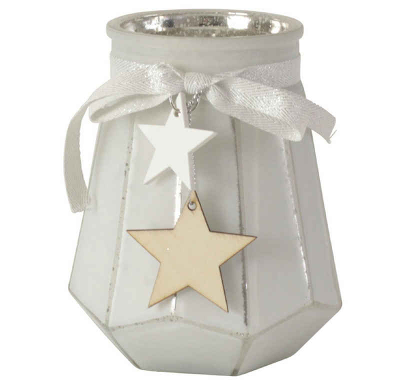 Werner Voß Teelichthalter »Wind Teelicht Glas H=13,5cm Halter weiß silber Stern Kerze mit Anhänger Laterne« (1 x Windlicht)