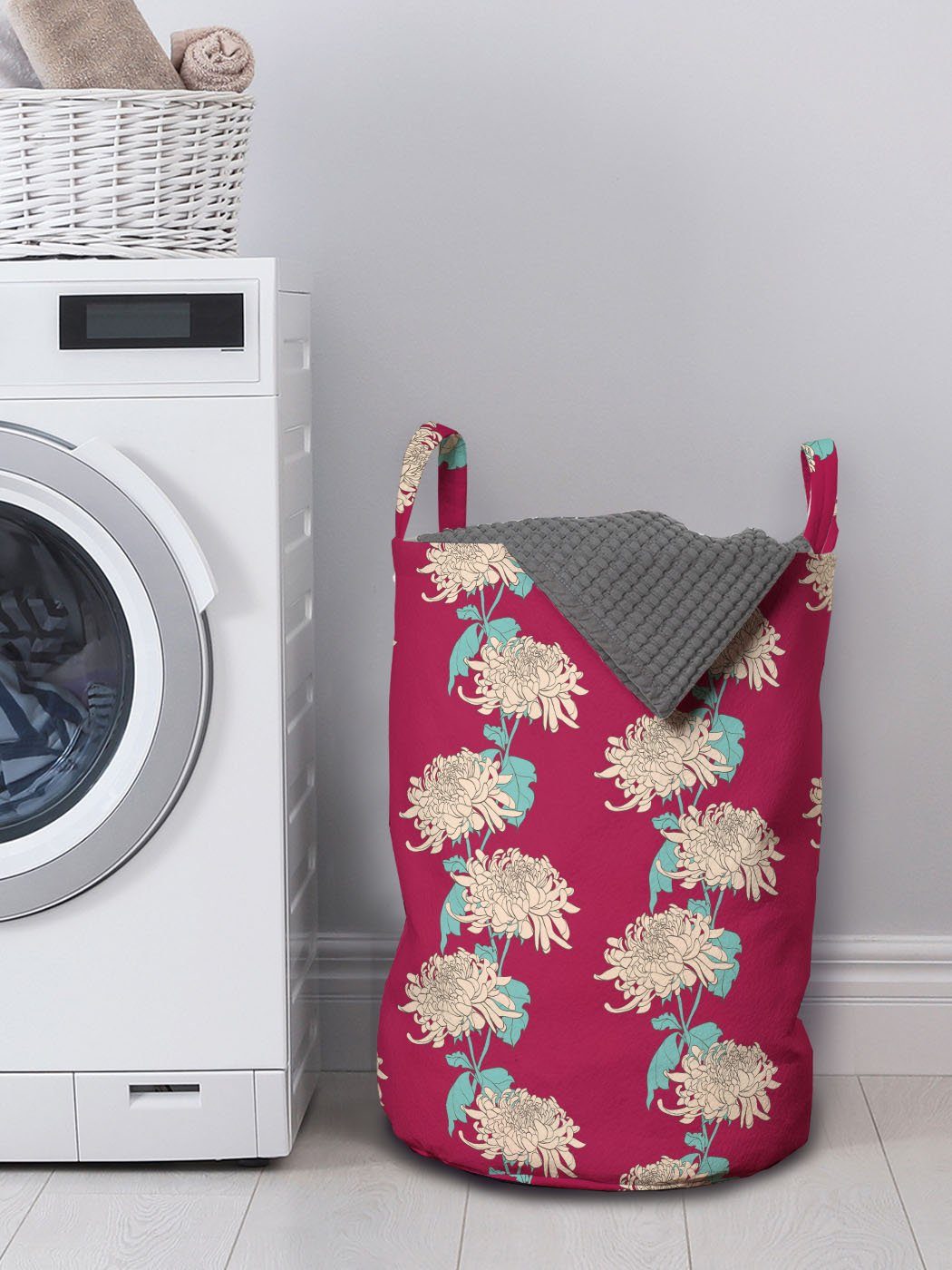 mit Waschsalons, Wäschekorb Abakuhaus Kordelzugverschluss für Wäschesäckchen Frühling Chrysantheme-Blüten-Motiv Griffen