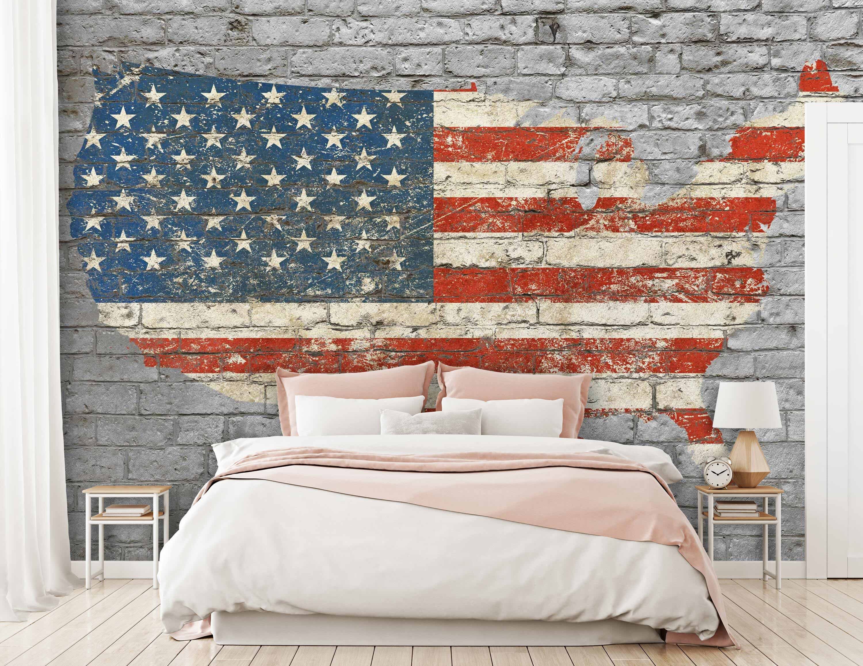 Wandtapete, glatt, Motivtapete, Flagge Landform, matt, Vliestapete wandmotiv24 Amerika Ziegelwand Fototapete
