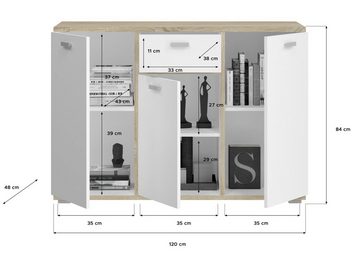 xonox.home Sideboard Cosmo (Kommode in weiß mit Sonoma Eiche, 3-türig, 120 x 84 cm), mit Soft-Close