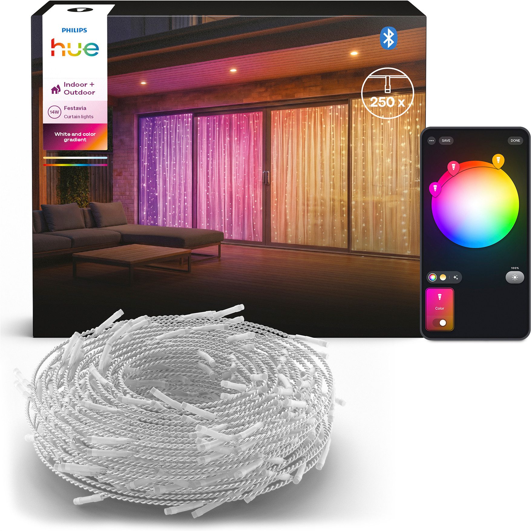 Philips Hue LED-Lichtervorhang Festavia White & Color Ambiance, 250 LEDs, 1,35 x 2 m, 250-flammig, Musiksync, dynamische Effekte, innen & außen, App-Steuerung