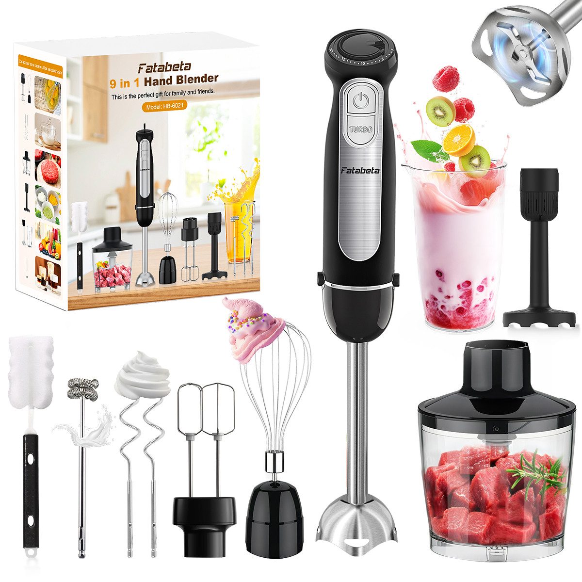 7MAGIC Stabmixer 9-in-1 Elektrischer Stabmixer mit 21 Geschwindigkeitsstufen + Turbo, 1100,00 W, Edelstahl Mixstab Set, Pürierstab, Zerkleinerer, Schlagbesen