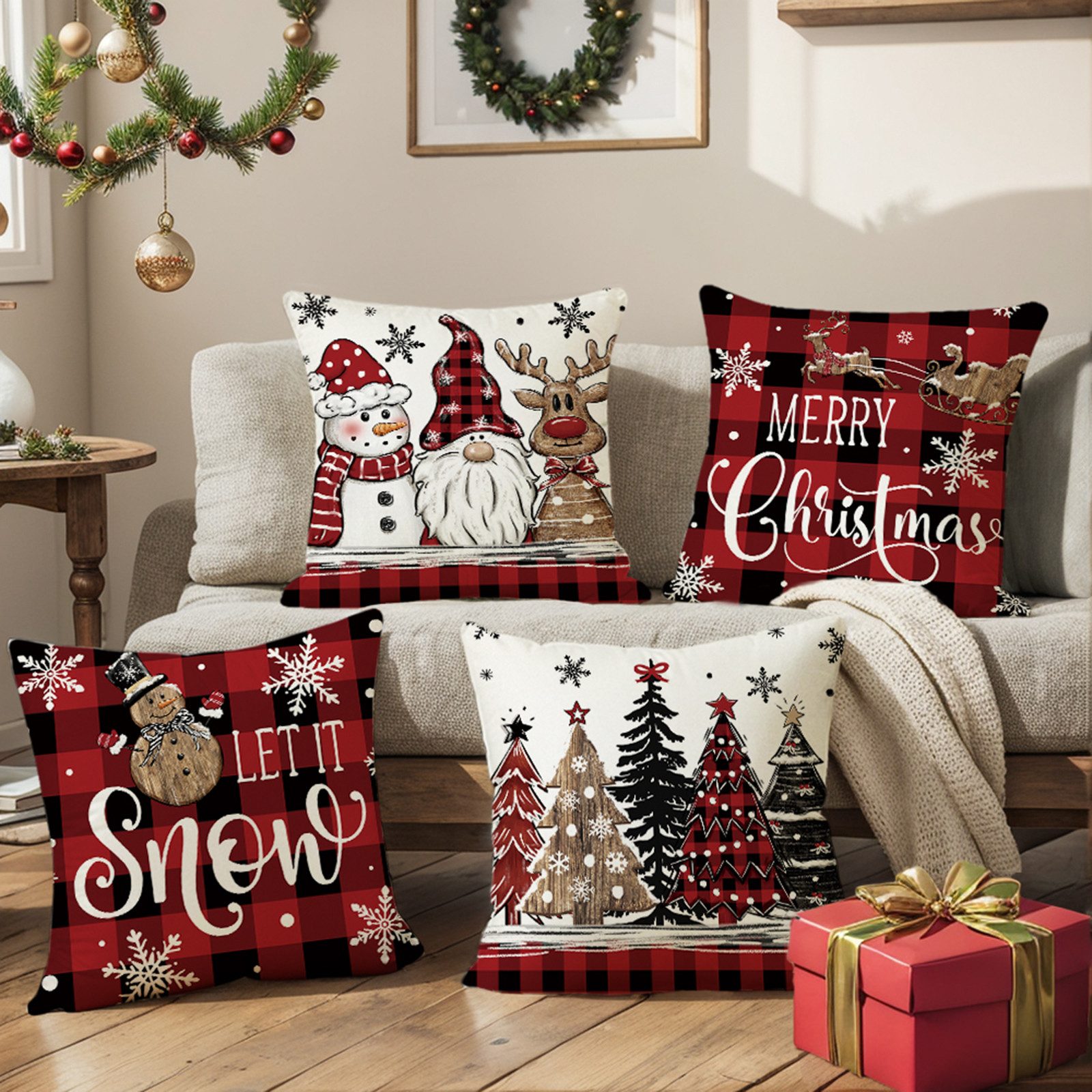 Jibenhome Kissenbezüge Weihnachten Kissenbezug 45x45cm,Leinen,4 Stück,für Dekokissen Deko, (4 Stück), Quadratisch Zierkissenbezug für Weihnachten Bett Sofa Esszimmer Deko