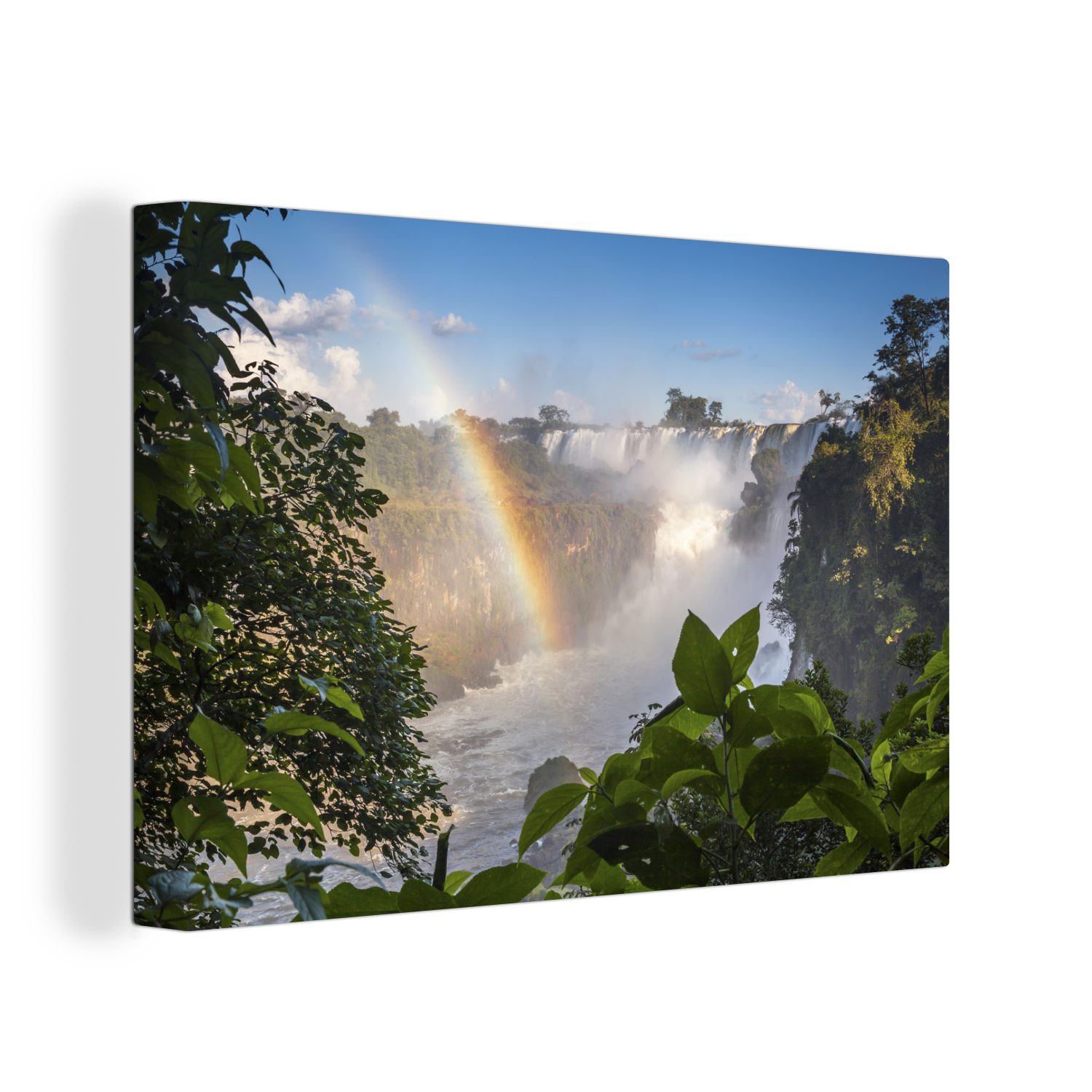 OneMillionCanvasses® Leinwandbild Wasserfall - Regenbogen - Tropisch, (1 St), Wandbild Leinwandbilder, Aufhängefertig, Wanddeko, 30x20 cm | Leinwandbilder