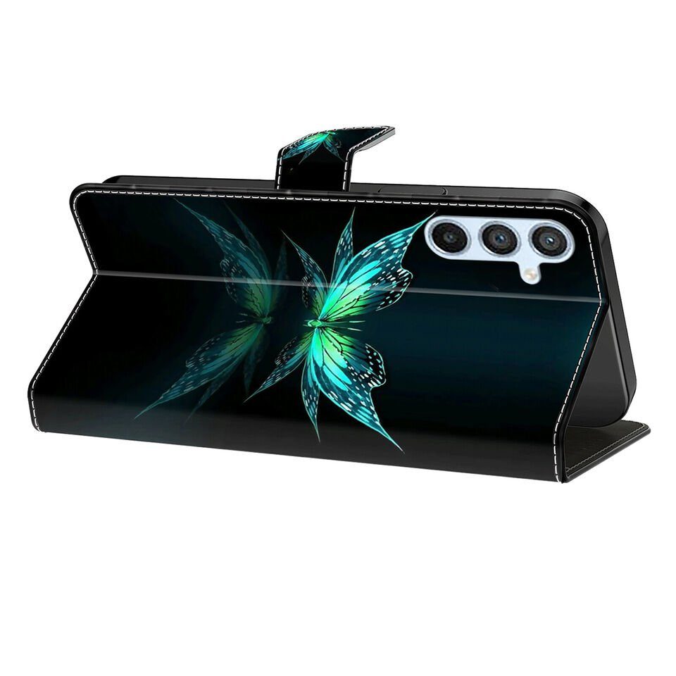 CLM-Tech Handytasche für Samsung Galaxy A16 / A17 / A18 4G / 5G Klapphülle (schwarz türkiser Schmetterling, 1-tlg., Handyhülle mit Standfunktion - Wallet Flip C – Bild 5 von 5
