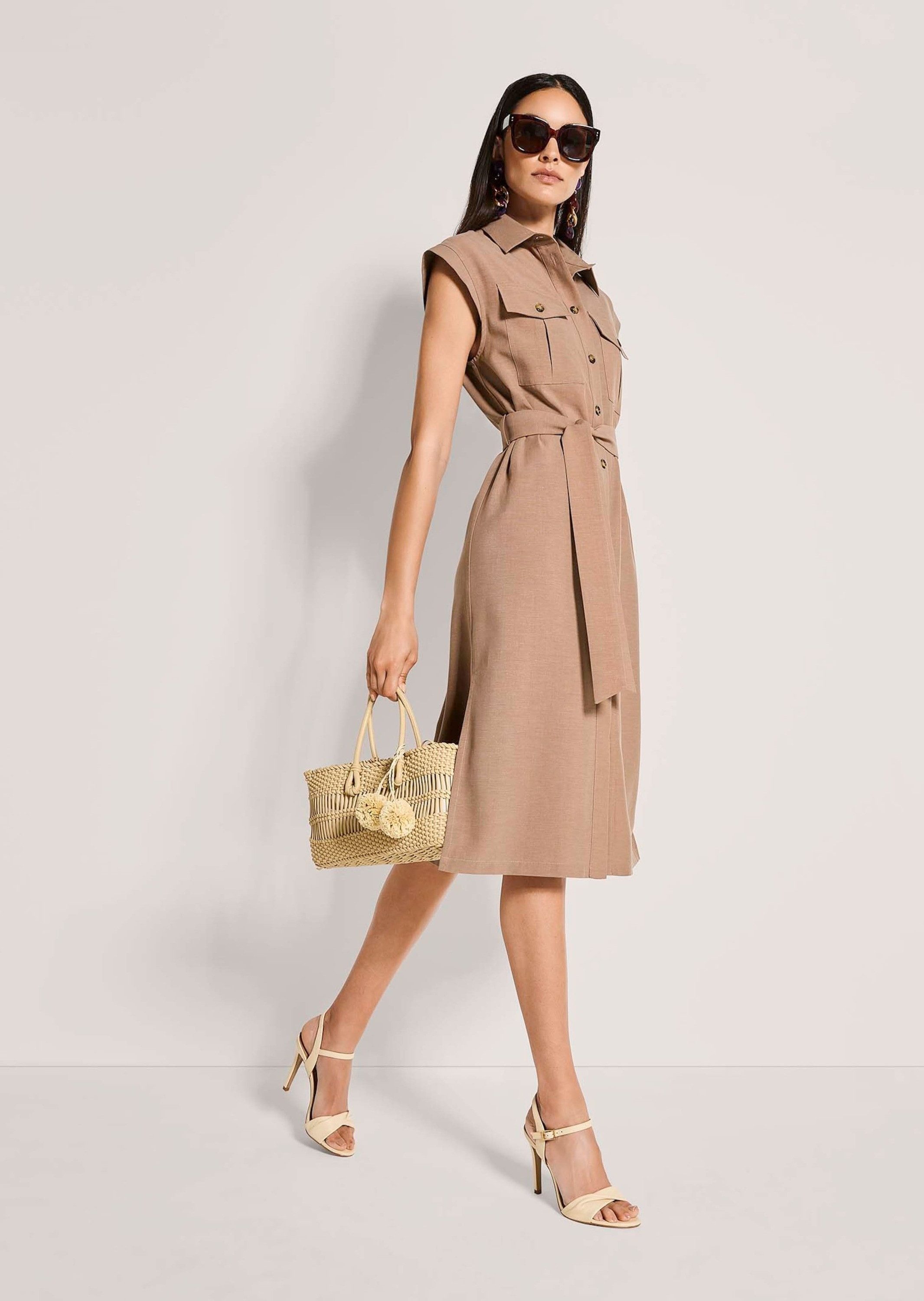 MADELEINE Midikleid Sommerkleid mit Bindeband Leinenkleid mit Knopfleiste, Taschen, Knielänge und ohne Arm
