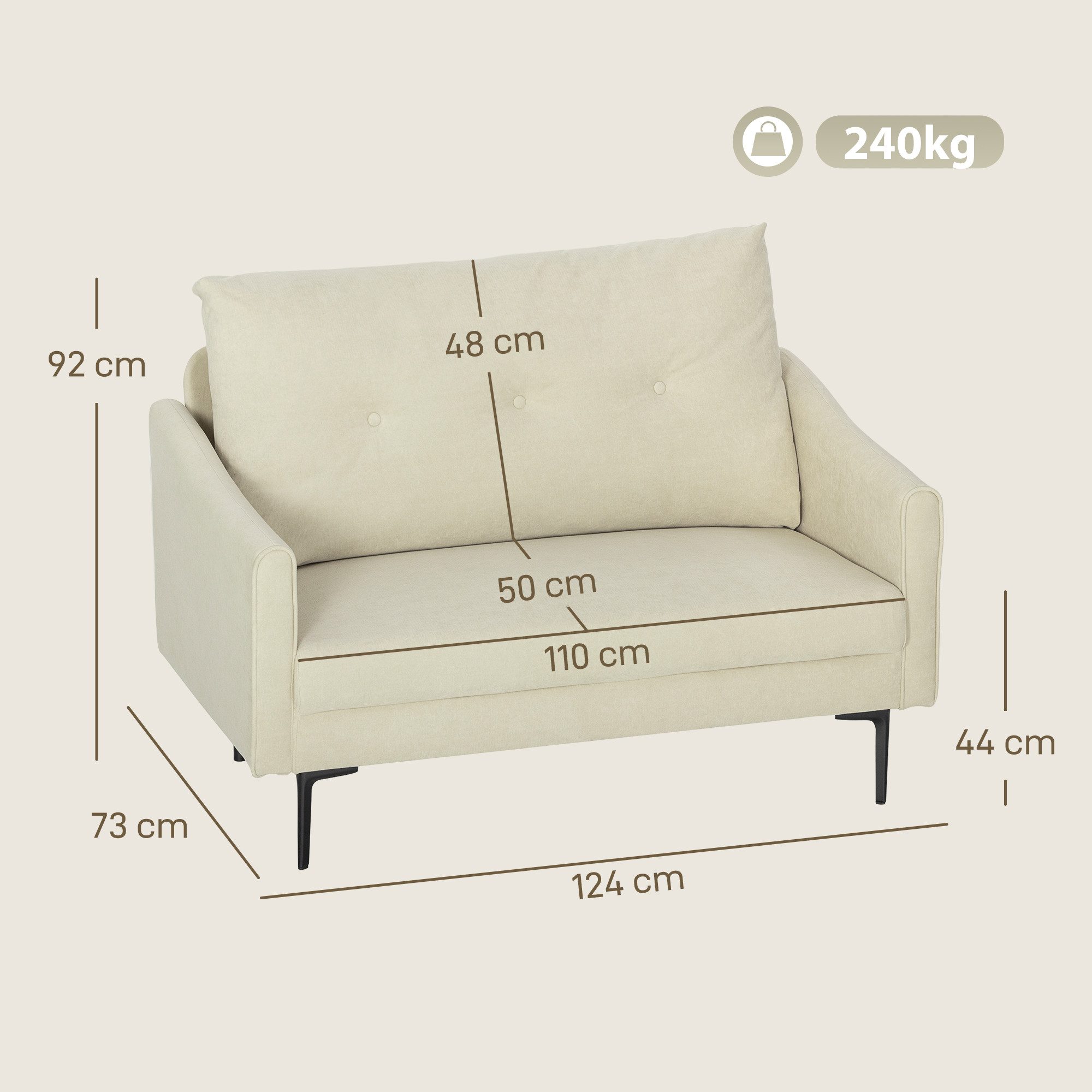 HOMCOM 2-Sitzer Polstersofa mit Armlehne, Samtoptik, Couch 1 Teile, für Wohnzimmer, Schlafzimmer, Metallrahmen, Cremeweiß