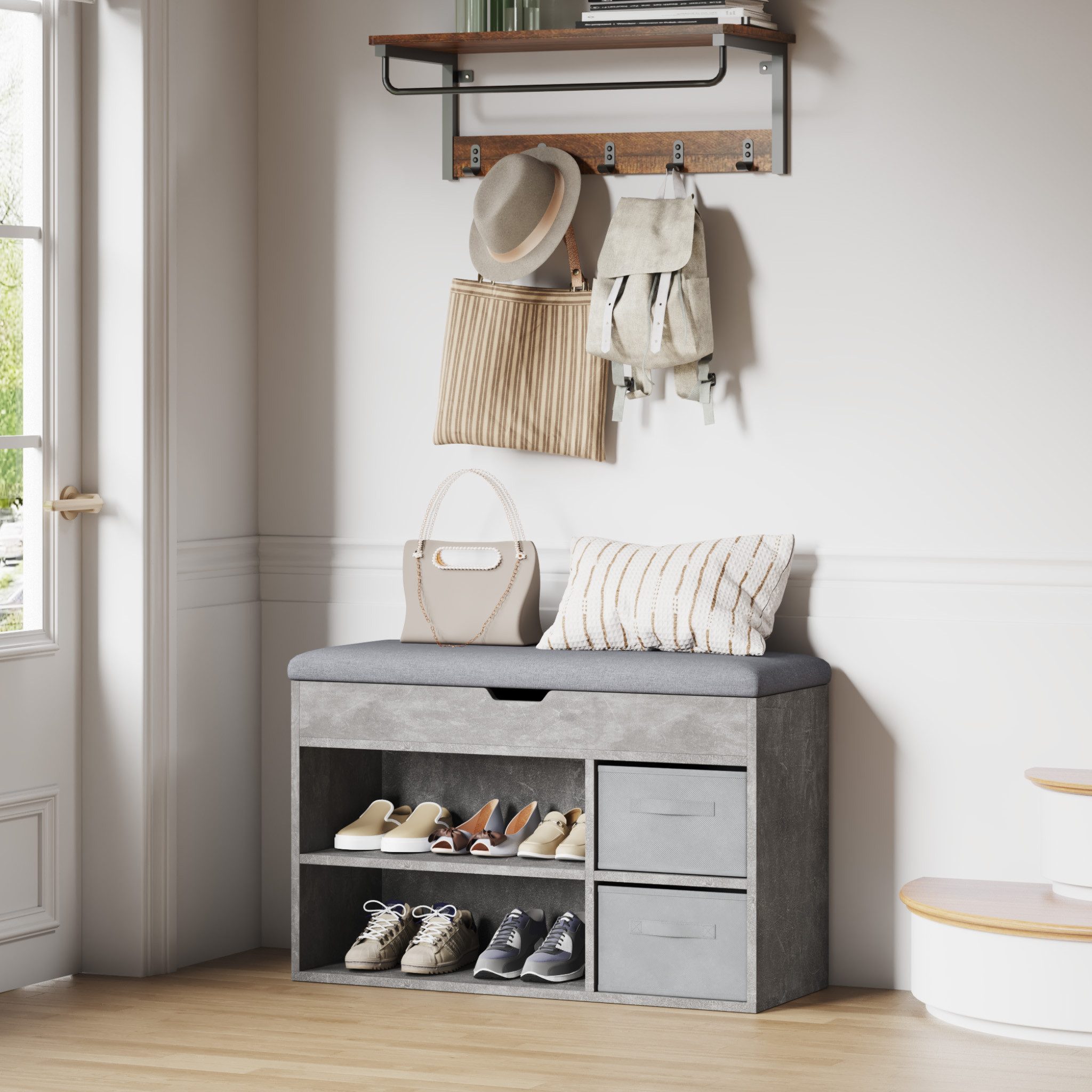 Mondeer Schuhbank Schuhhocker (80 x 48 x 30 cm), Holzschuhablage mit Stoffschublade und aufklappbarem Sitzfläche – Bild 2 von 5