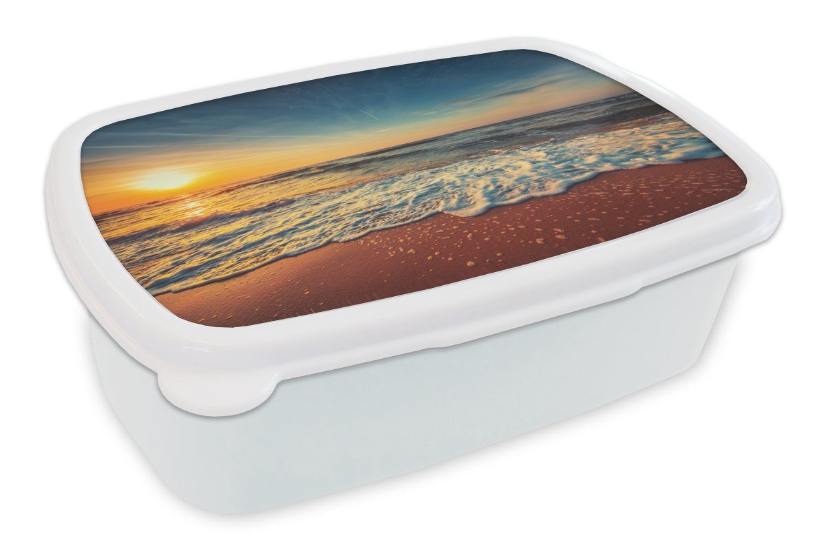 MuchoWow Lunchbox Strand - Meer - Sonnenuntergang - Gold, Kunststoff, (2-tlg), Brotbox für Kinder und Erwachsene, Brotdose, für Jungs und Mädchen weiß | Lunchboxen