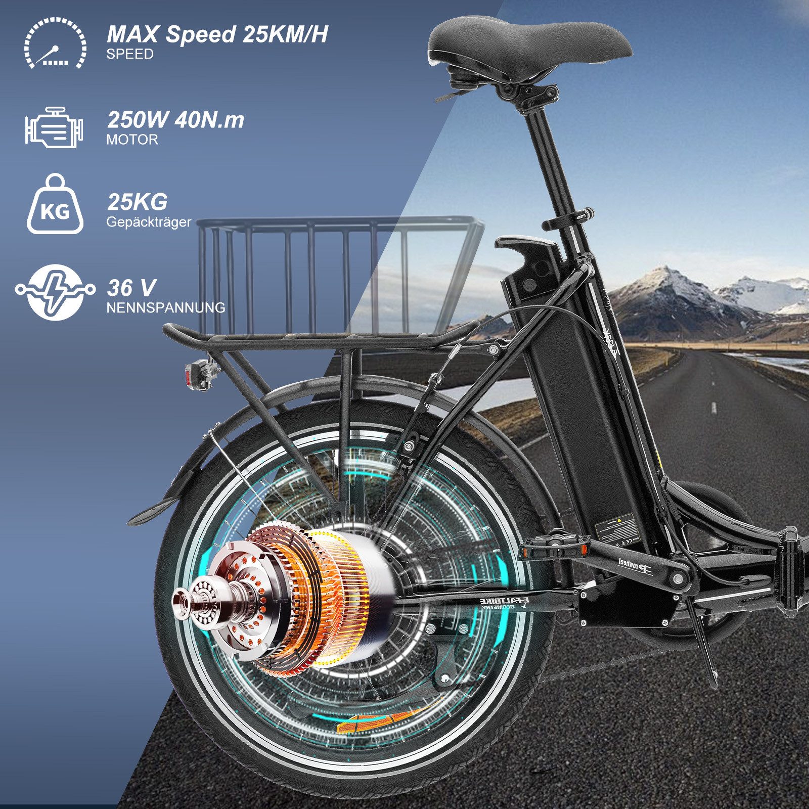 VECOCRAFT E-Bike Faltrad 36V 13Ah Elektrofahrrad,20’’ Pedelec max.100km,klappbar, E-PAX, 7 Gang Shimano, Kettenschaltung, Heckmotor, 468 Wh, E-Citybike,Cityrad für Damen und Herren mit Gepäckträger