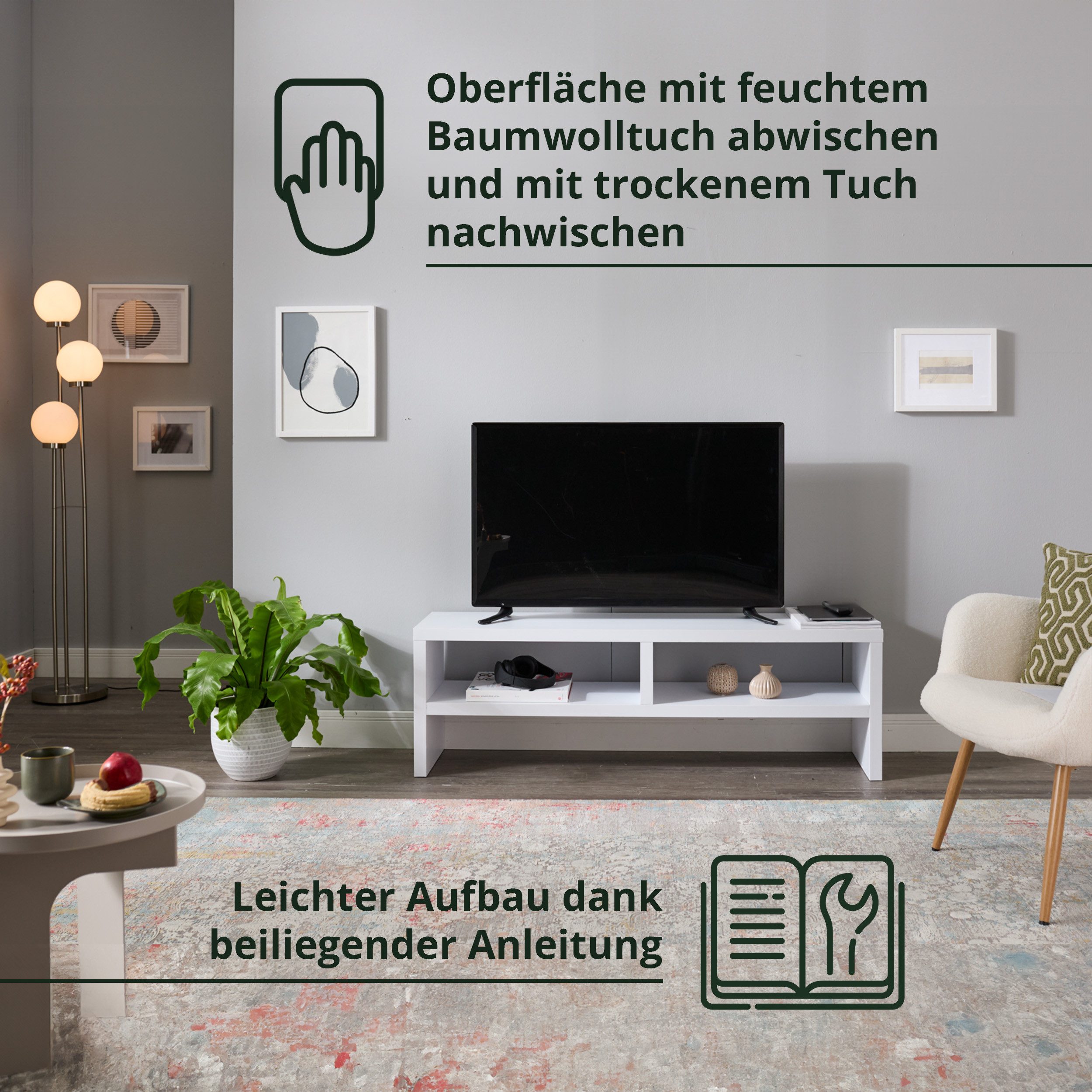KHG TV-Board TV-Schrank Weiß mit 2 offenen Fächern 140x45x35 cm (Kompaktes Lowboard mit viel Stauraum, stabile Konstruktion, 1 St., Kabelmanagement durch offene – Bild 5 von 5