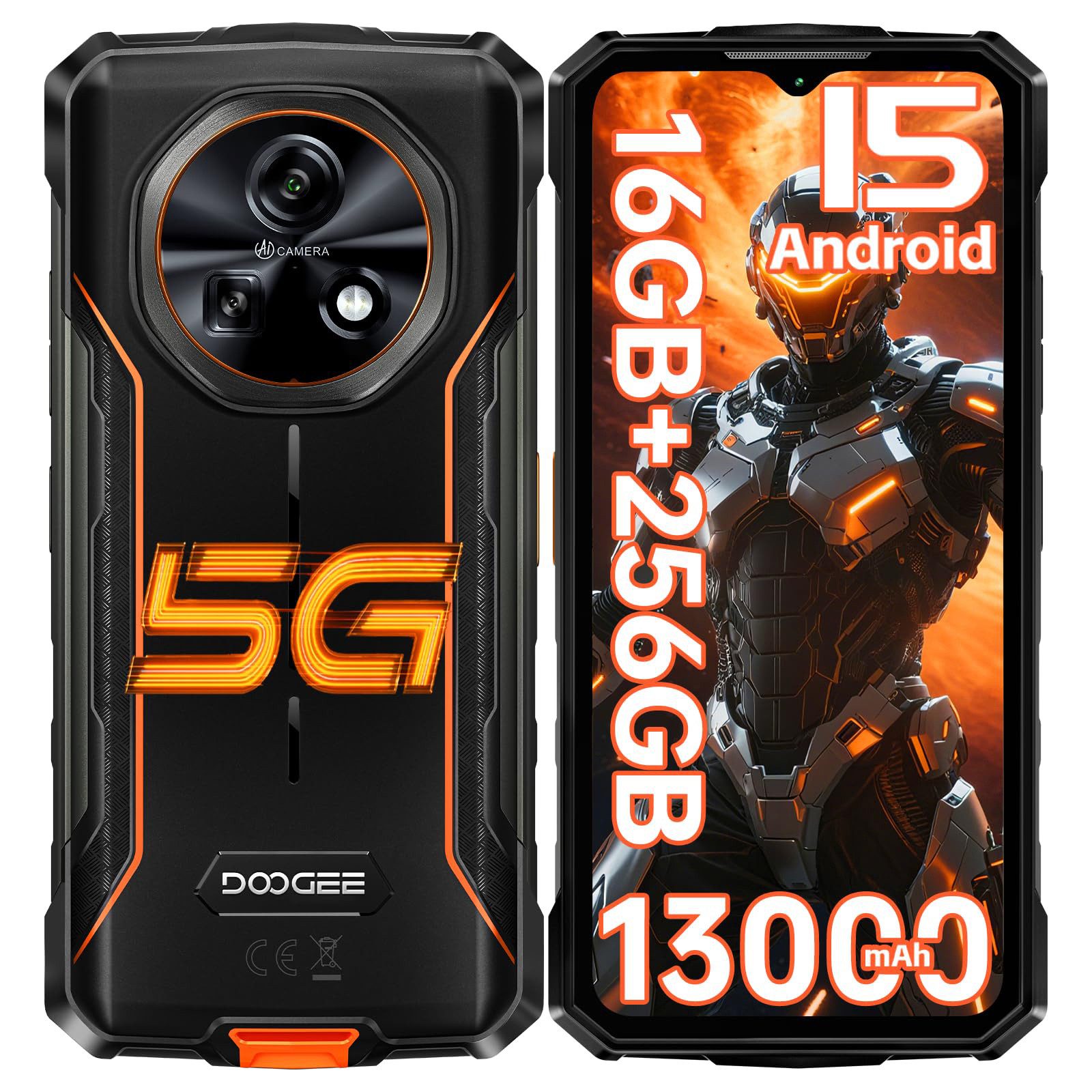 DOOGEE Fire 7 5G Android 15 Outdoor Smartphone (16,76 cm/6.6 Zoll, 256 GB Speicherplatz, 64 MP Kamera, 13000mAh, 16GB+256GB, IP68/IP69K, 64MP Kamera, NFC, GPS)