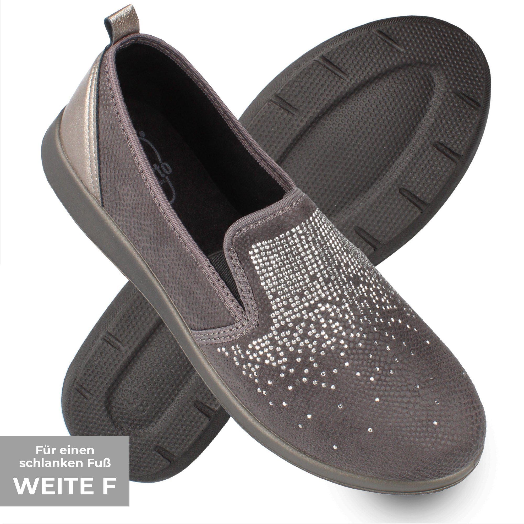 Dr. Orto Ravenna für schmale Füße Damen Sneaker SlipOn, Ballerina, StretchSneaker, grau, schwarz