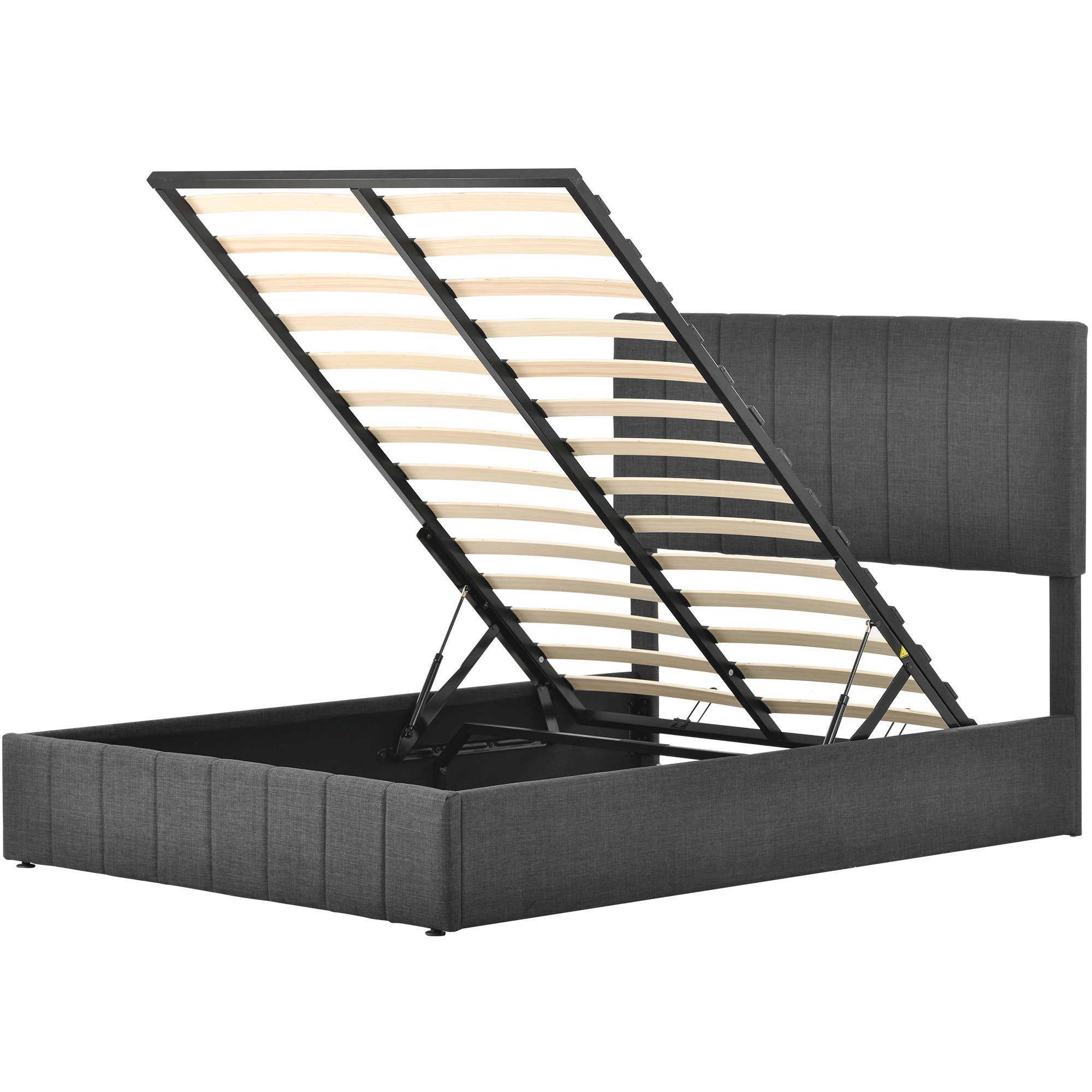 Polsterbett (Funktionsbett mit Lattenrost, Bettkasten und Federkernmatratze), Hydraulisch Bett 140x200cm, Verstellbares Kopfteil, Bezug aus Leinen