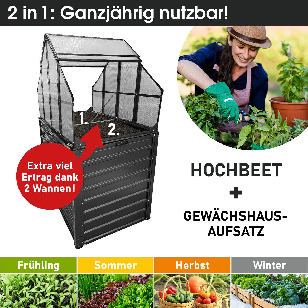 BRAST Hochbeet 2in1 mit Alu Gewächshaus-Aufsatz, 2 Größen zur Auswahl (120x80x167cm, Integriertes Drainage-System, 4mm Hohlkammerplatten, 2 Pflanzwannen), Pflan – Bild 2 von 5
